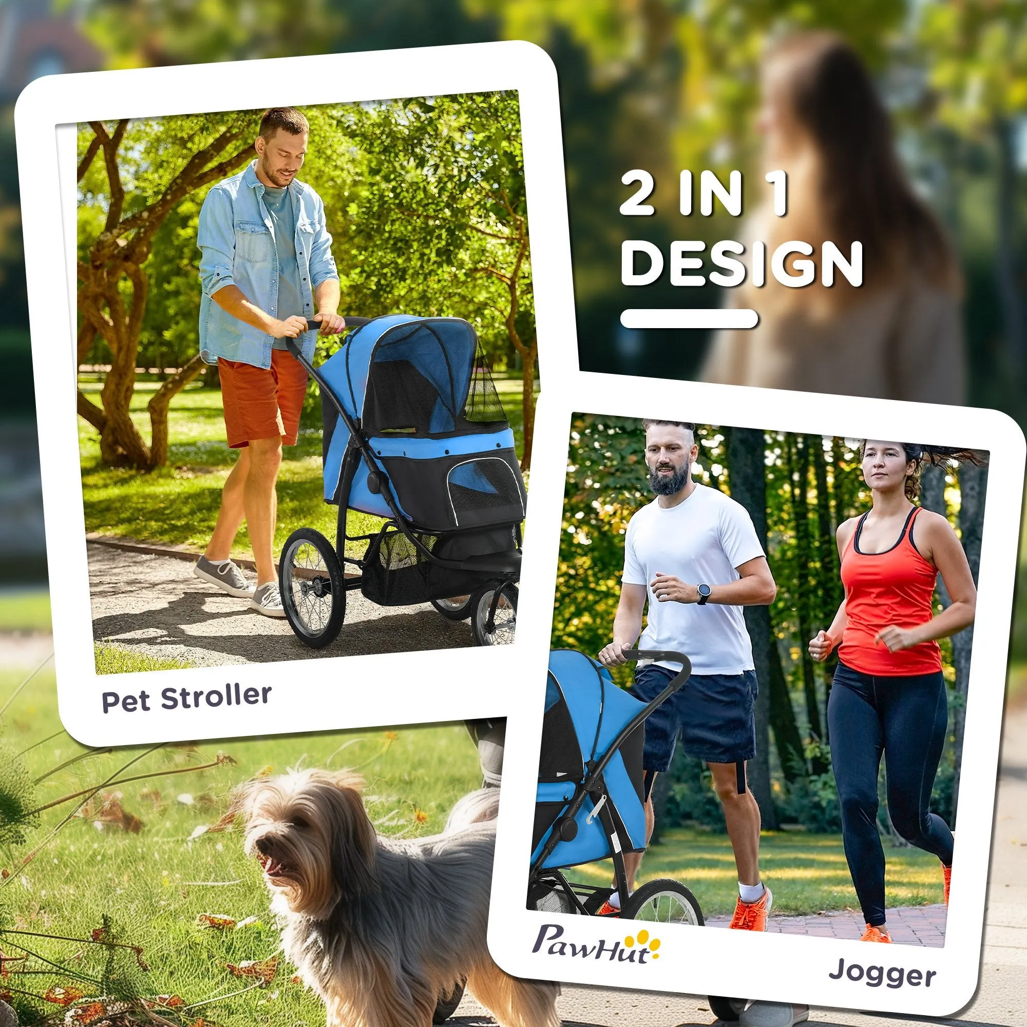 Dog Pram Dog Stroller Jogger Foldable Pet Pushchair for Medium, Small Dogs, w/ Rubber Wheels, Washable Cushion - Blue
