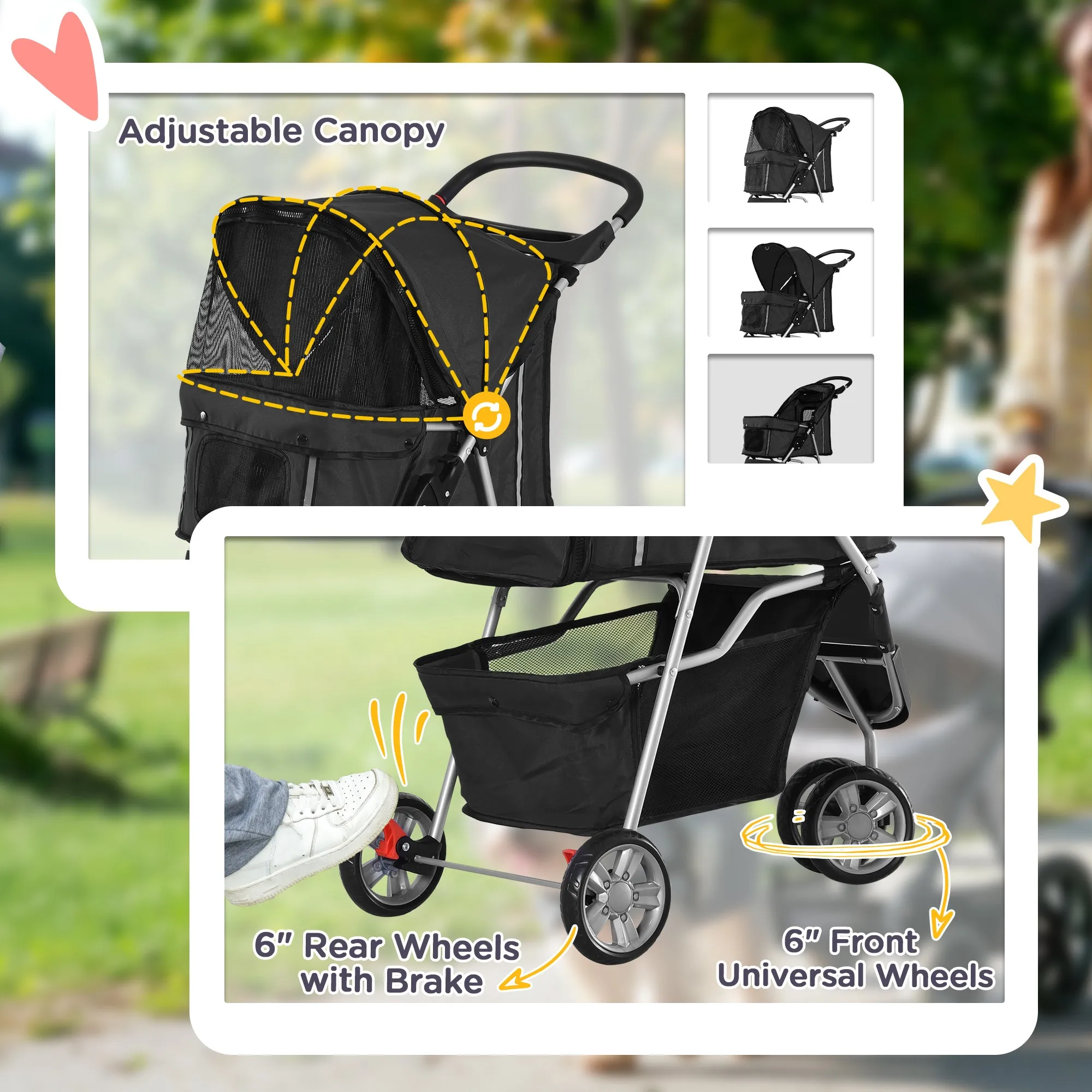 Dog Stroller, 3 Wheels Foldable Cat Dog Pram with Cup Holder, Storage Basket, Pet Stroller for Small Miniature Dogs, Black