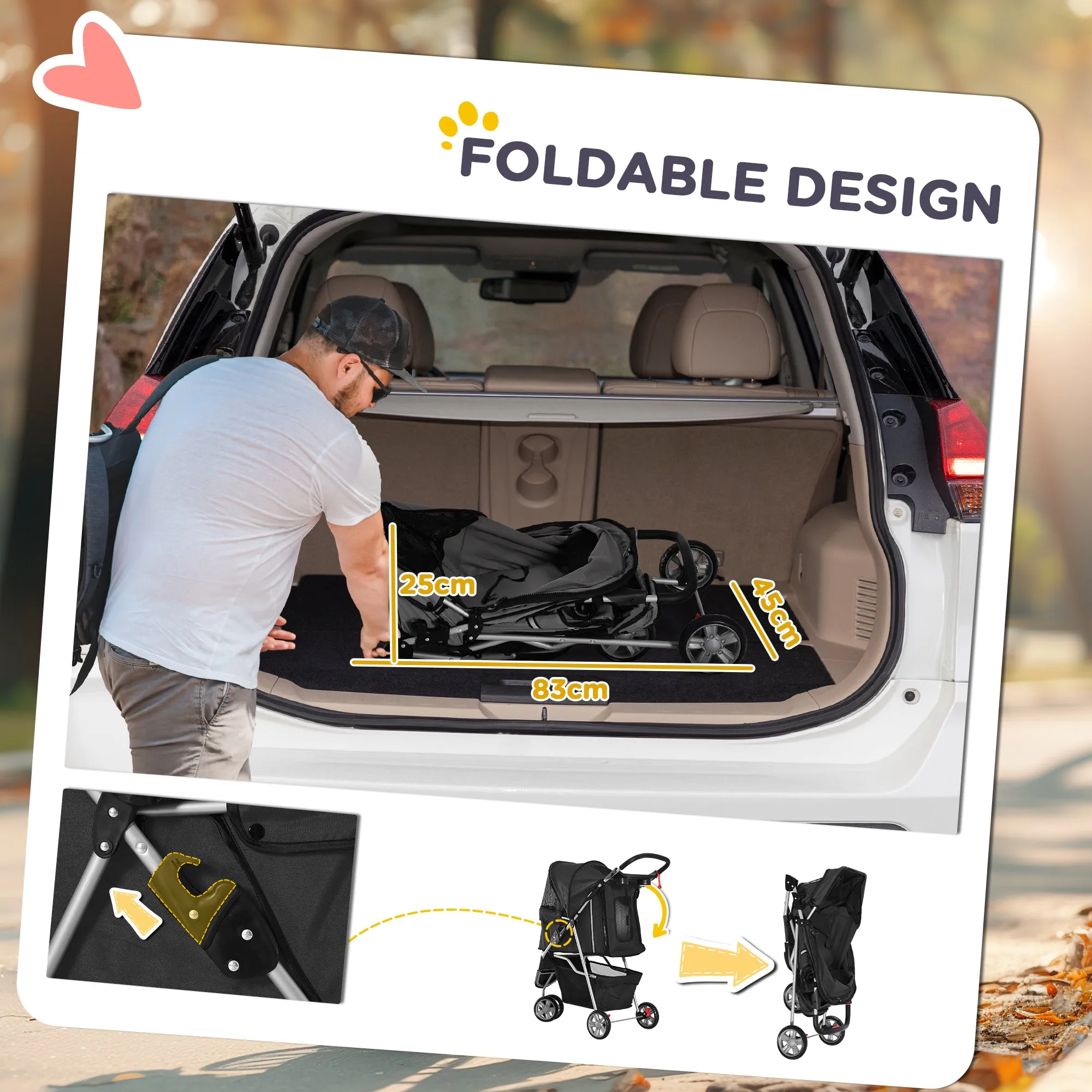 Dog Stroller, 3 Wheels Foldable Cat Dog Pram with Cup Holder, Storage Basket, Pet Stroller for Small Miniature Dogs, Black