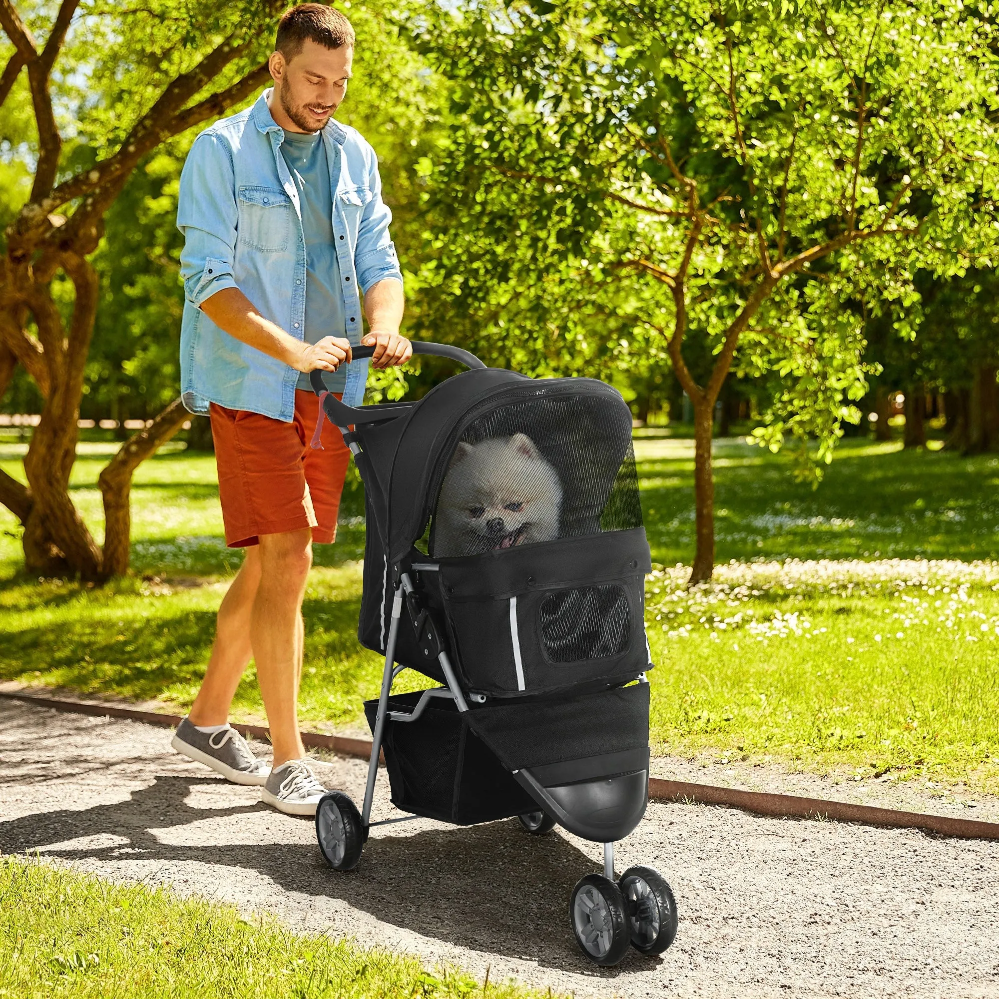 Dog Stroller, 3 Wheels Foldable Cat Dog Pram with Cup Holder, Storage Basket, Pet Stroller for Small Miniature Dogs, Black