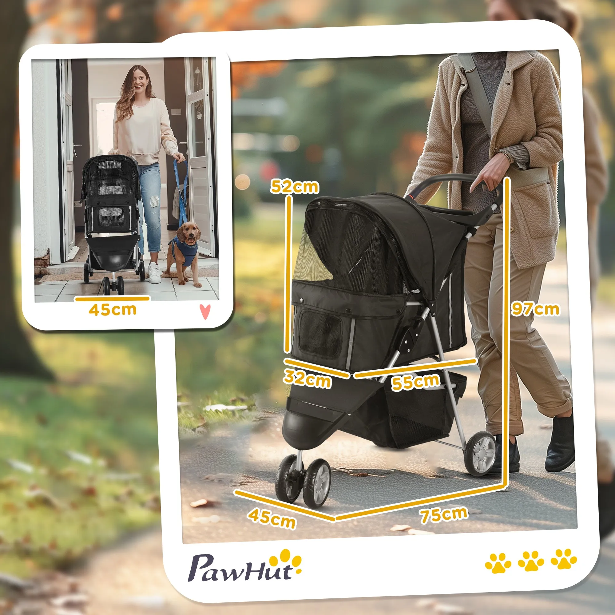 Dog Stroller, 3 Wheels Foldable Cat Dog Pram with Cup Holder, Storage Basket, Pet Stroller for Small Miniature Dogs, Black