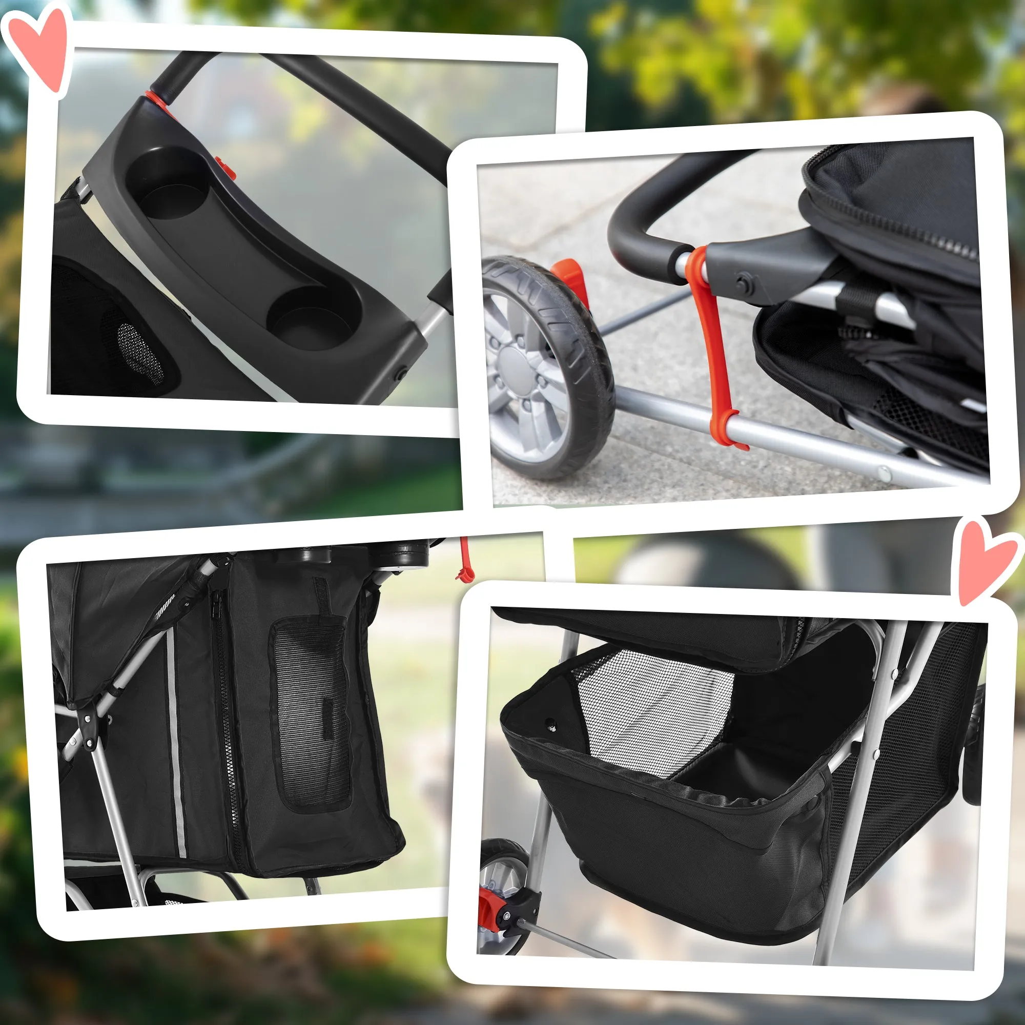 Dog Stroller, 3 Wheels Foldable Cat Dog Pram with Cup Holder, Storage Basket, Pet Stroller for Small Miniature Dogs, Black