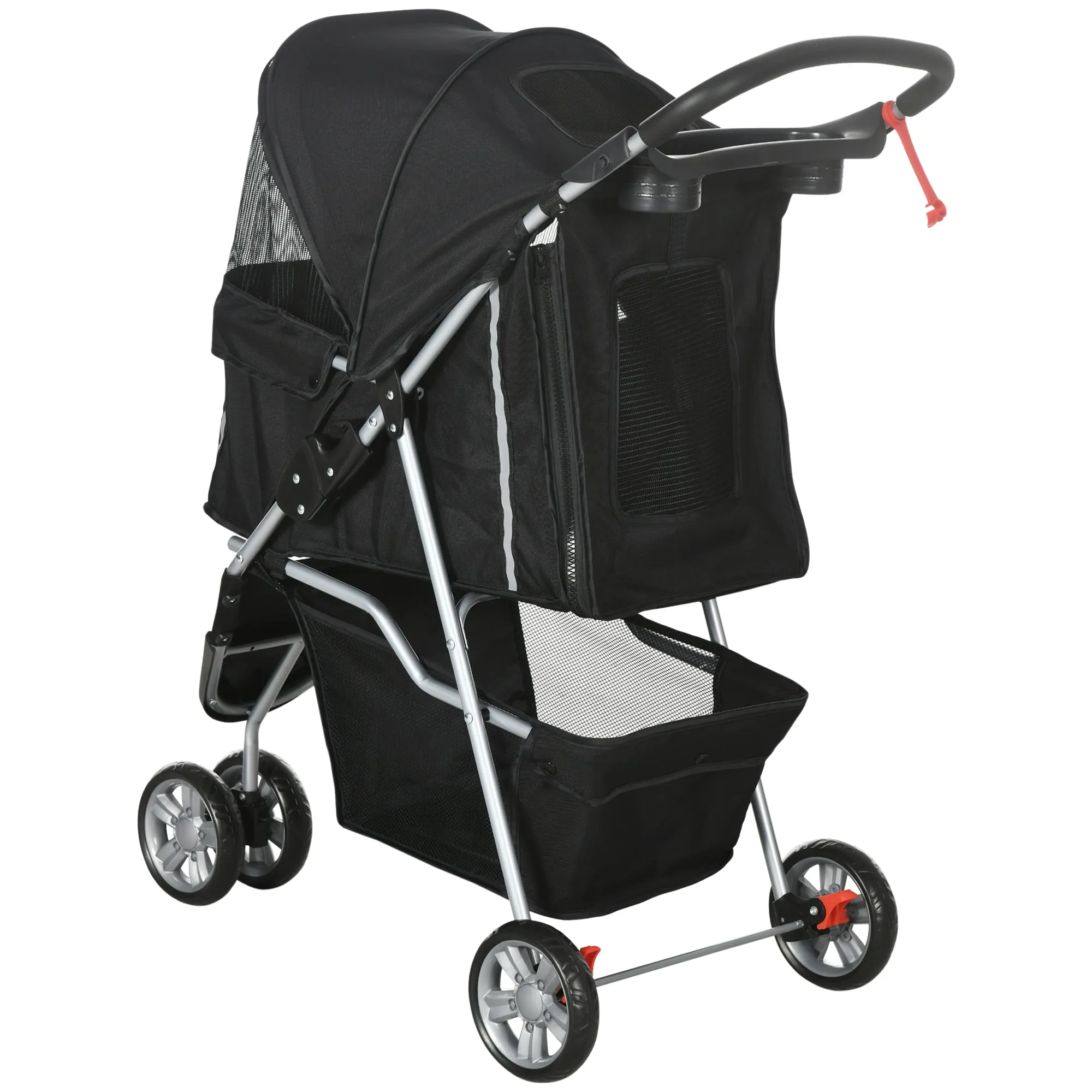 Dog Stroller, 3 Wheels Foldable Cat Dog Pram with Cup Holder, Storage Basket, Pet Stroller for Small Miniature Dogs, Black