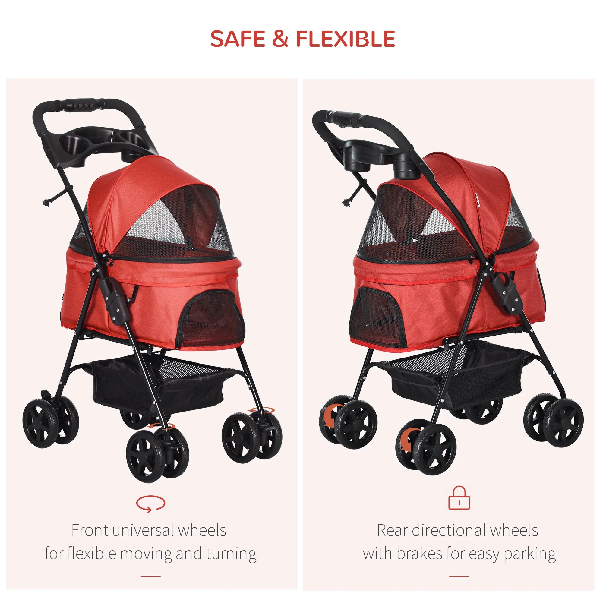 Dog Stroller with Rain Cover, Dog Pushchair One-Click Fold Trolley Jogger with EVA Wheels Brake Basket Adjustable Canopy Safety Leash for Small Dogs, Red