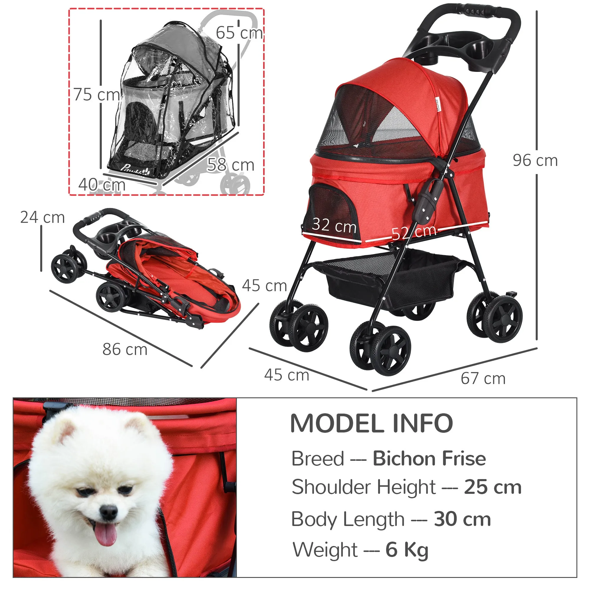 Dog Stroller with Rain Cover, Dog Pushchair One-Click Fold Trolley Jogger with EVA Wheels Brake Basket Adjustable Canopy Safety Leash for Small Dogs, Red