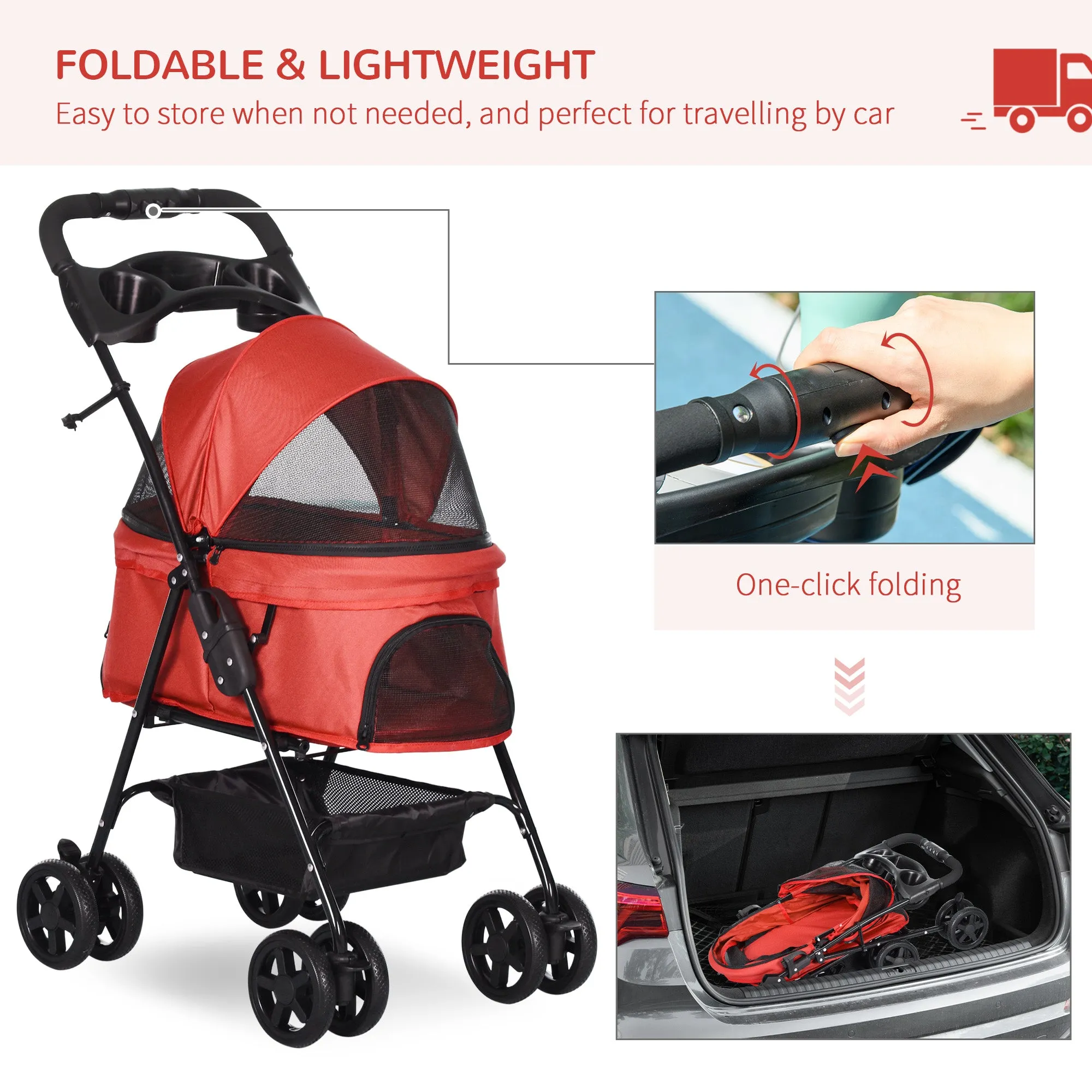 Dog Stroller with Rain Cover, Dog Pushchair One-Click Fold Trolley Jogger with EVA Wheels Brake Basket Adjustable Canopy Safety Leash for Small Dogs, Red