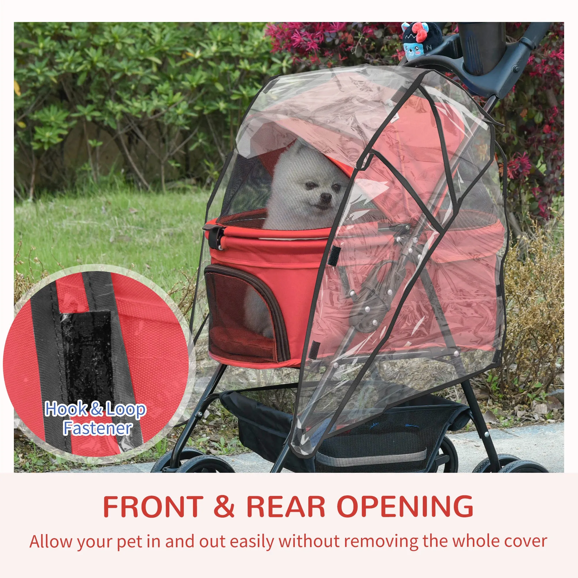Dog Stroller with Rain Cover, Dog Pushchair One-Click Fold Trolley Jogger with EVA Wheels Brake Basket Adjustable Canopy Safety Leash for Small Dogs, Red