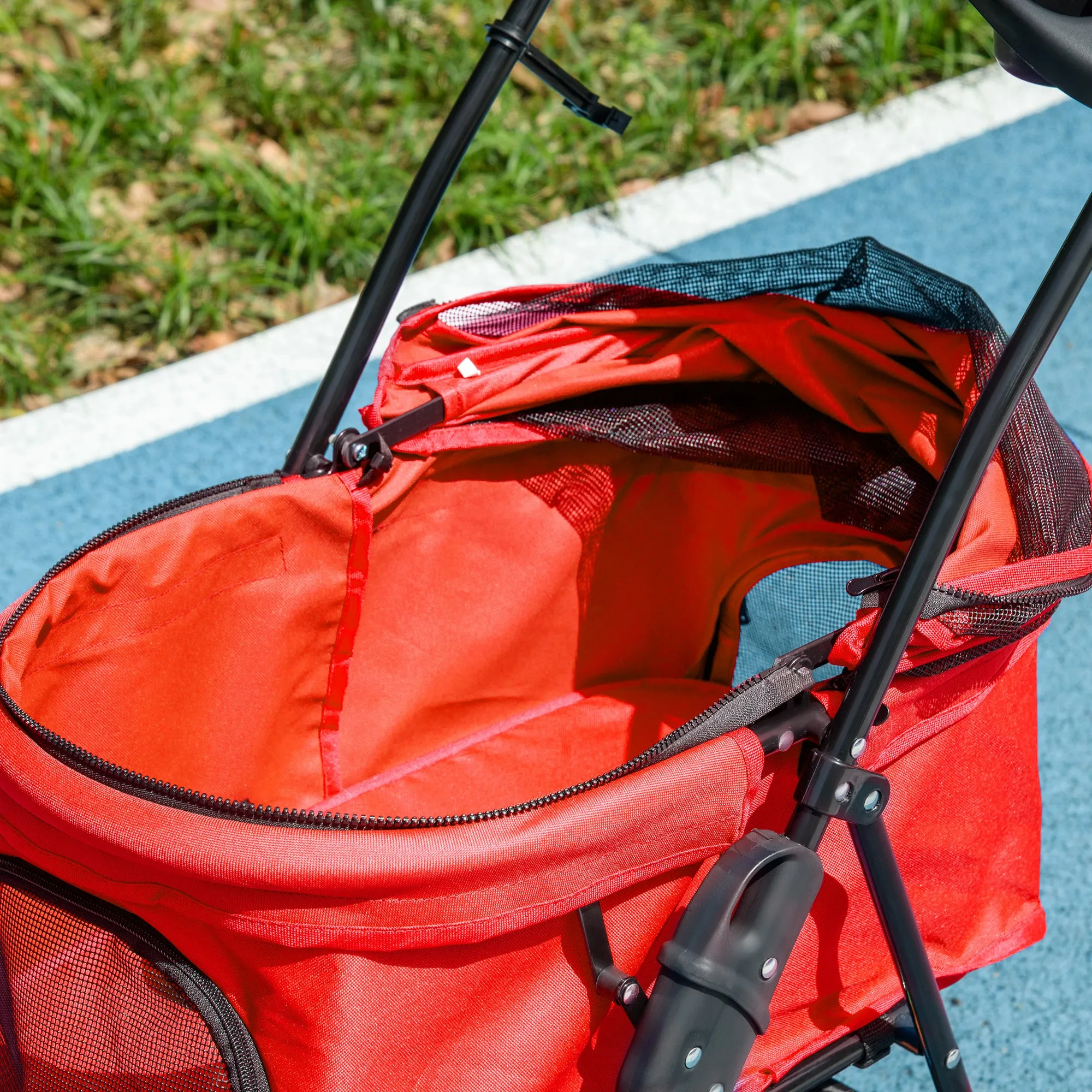 Dog Stroller with Rain Cover, Dog Pushchair One-Click Fold Trolley Jogger with EVA Wheels Brake Basket Adjustable Canopy Safety Leash for Small Dogs, Red