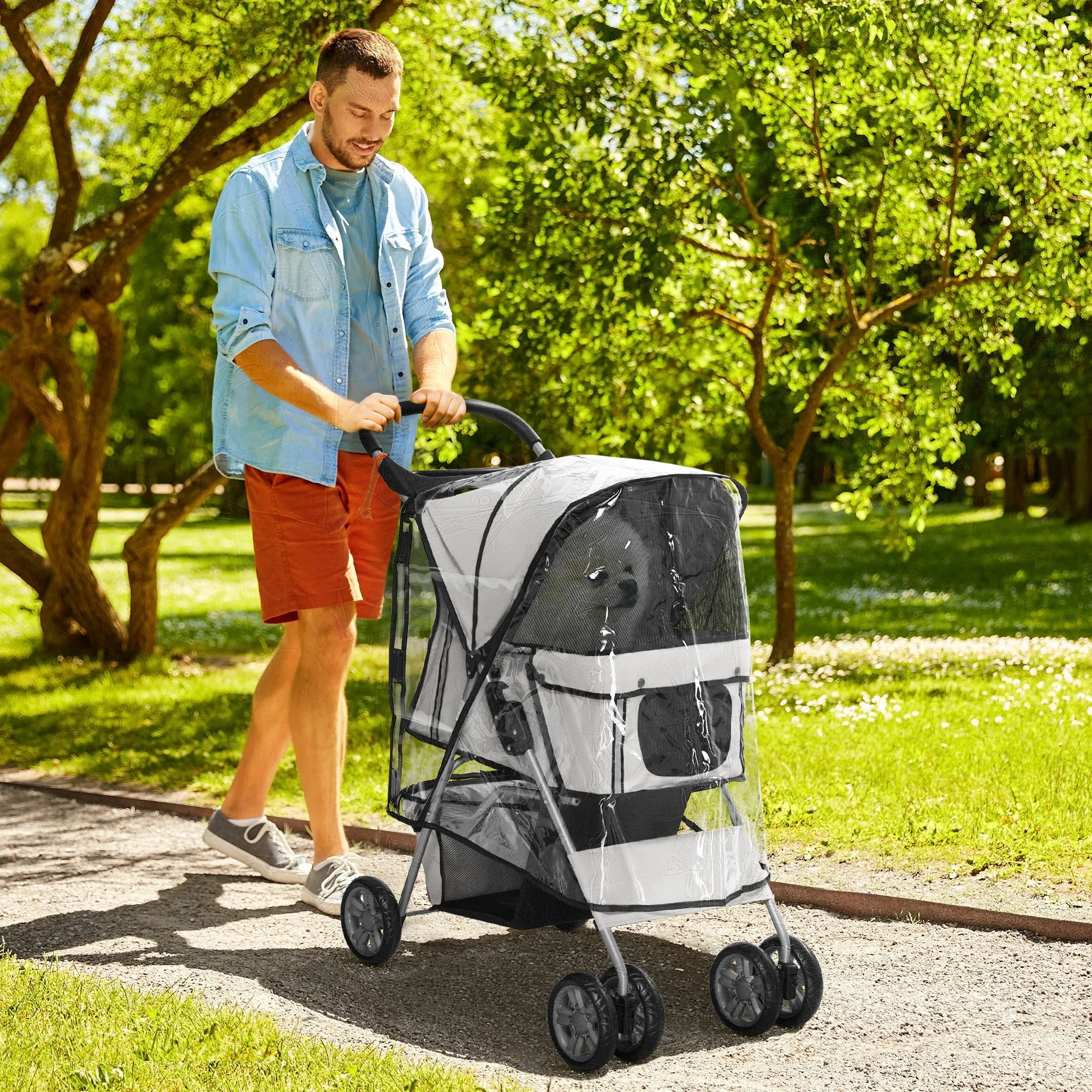 Dog Stroller with Rain Cover for Small Miniature Dogs, Folding Pet Pram with Cup Holder, Storage Basket, Reflective Strips, Grey