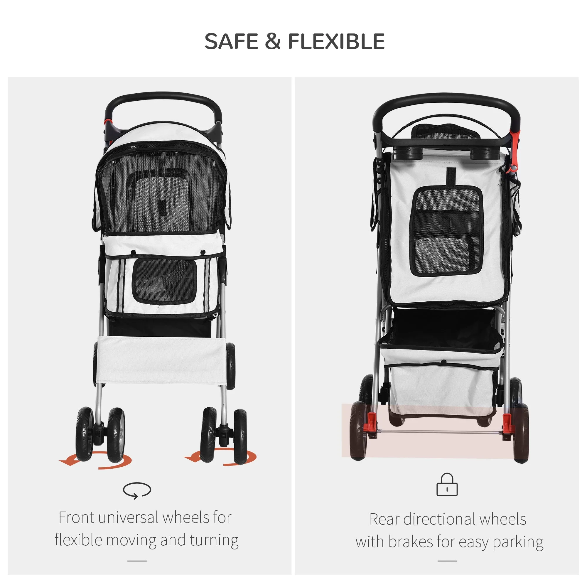 Dog Stroller with Rain Cover for Small Miniature Dogs, Folding Pet Pram with Cup Holder, Storage Basket, Reflective Strips, Grey