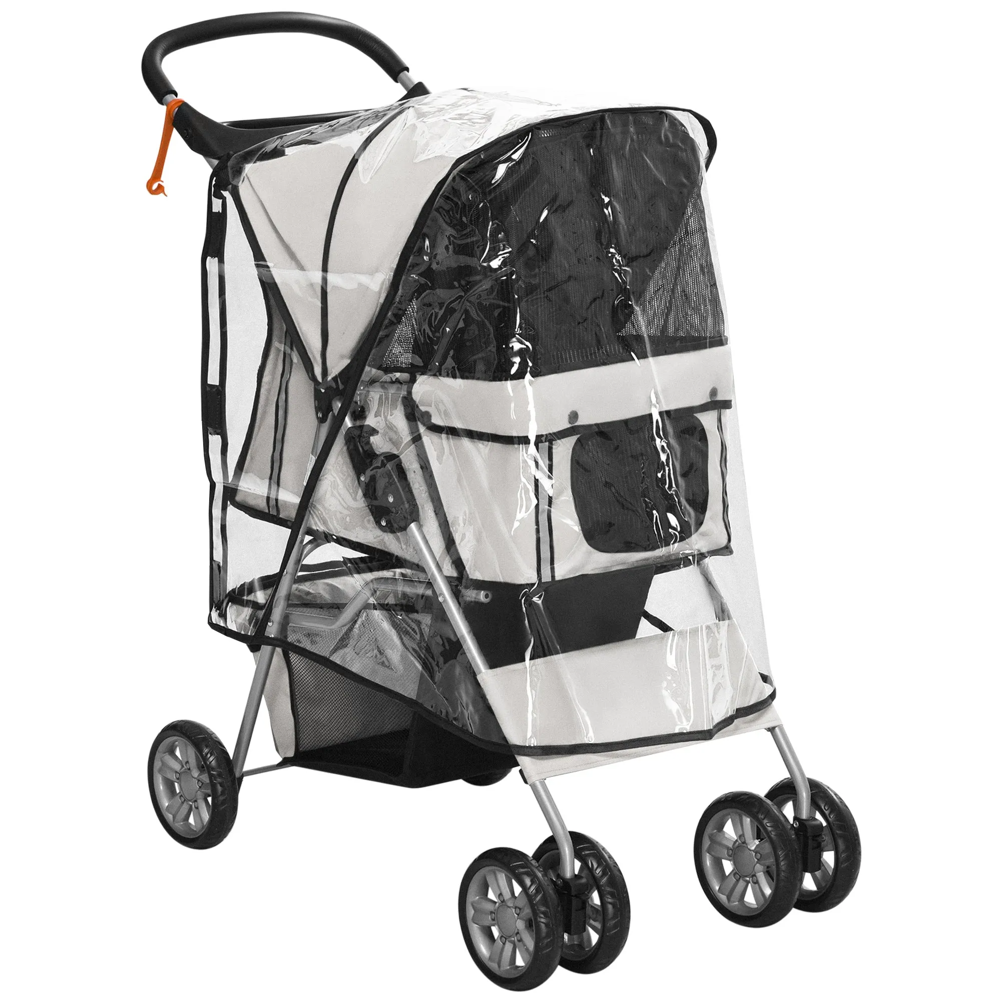 Dog Stroller with Rain Cover for Small Miniature Dogs, Folding Pet Pram with Cup Holder, Storage Basket, Reflective Strips, Grey