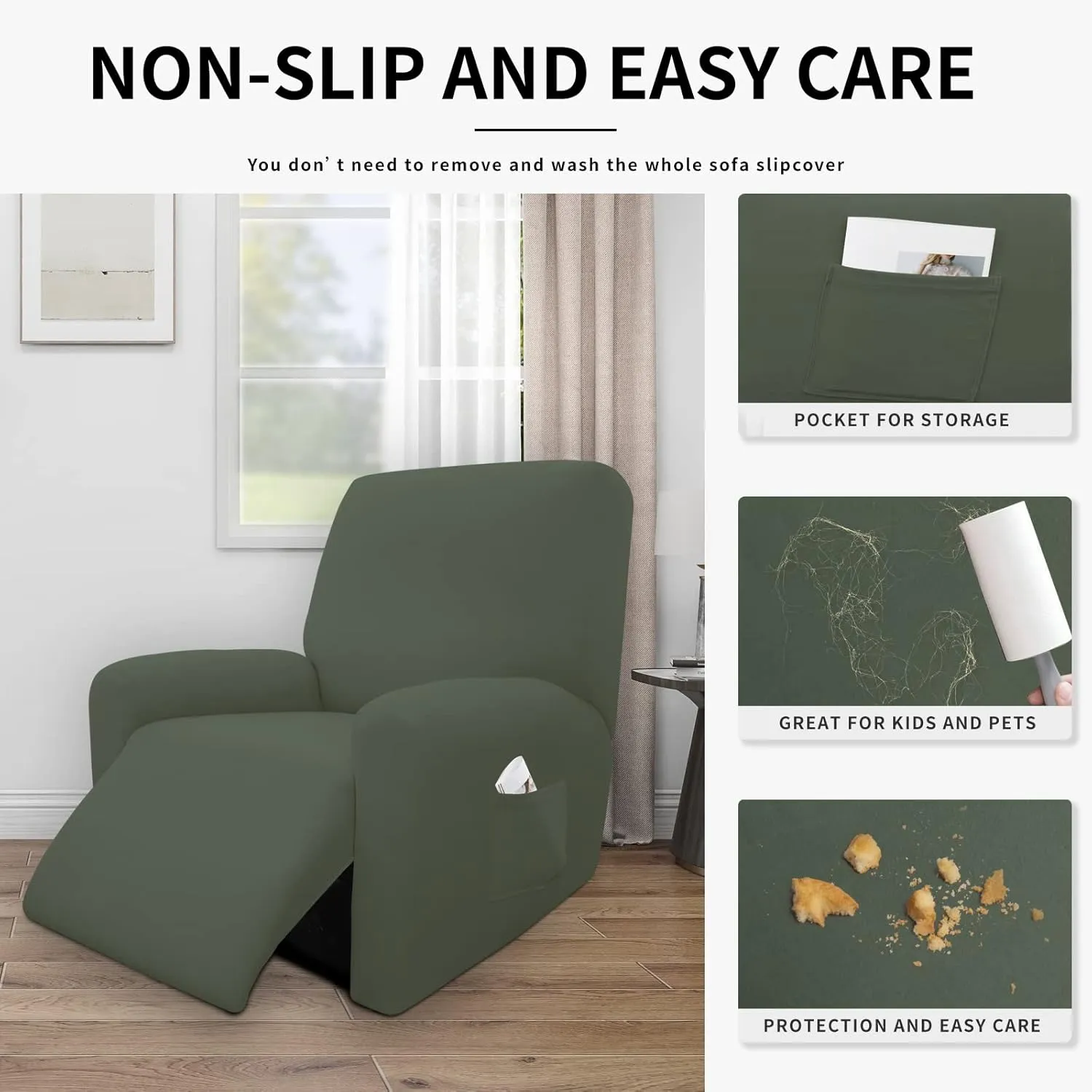 Easy-Going 4 Pieces 100% Dual Waterproof Recliner Cover Stretch Soft Couch Cover for Dogs, Sofa Slipcover for Recliner Couch Leakproof Furniture Protector for Kids, Pets Grayish Green