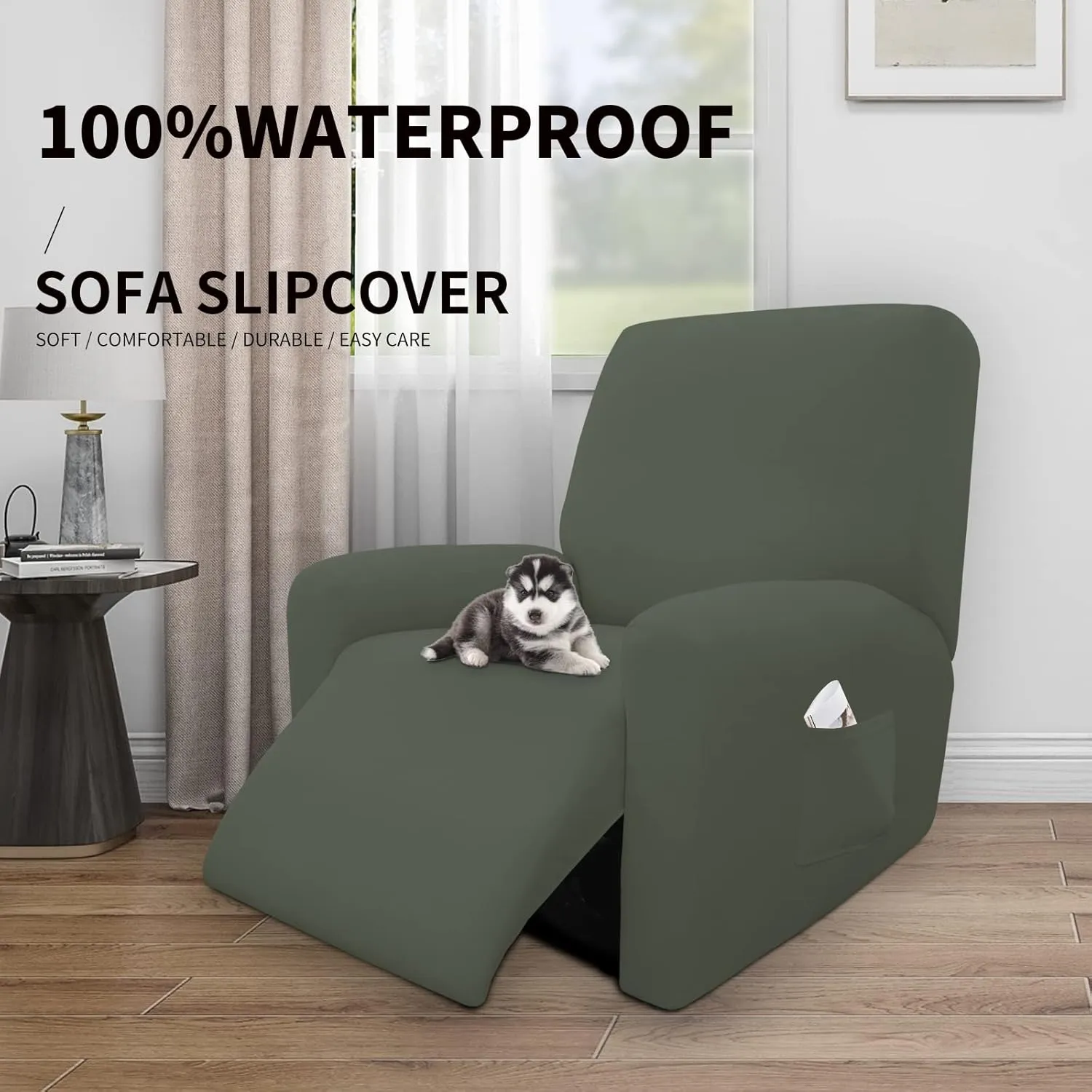Easy-Going 4 Pieces 100% Dual Waterproof Recliner Cover Stretch Soft Couch Cover for Dogs, Sofa Slipcover for Recliner Couch Leakproof Furniture Protector for Kids, Pets Grayish Green