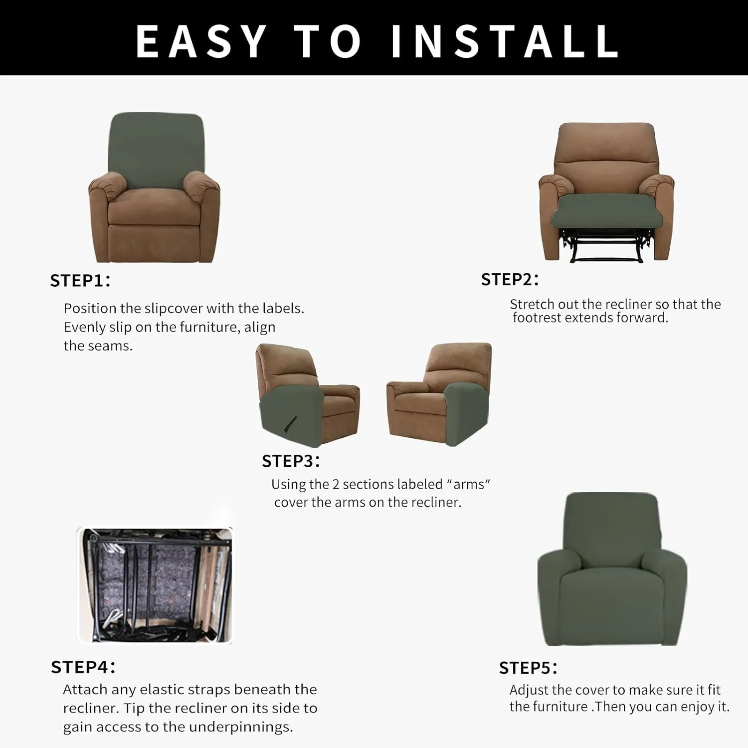 Easy-Going 4 Pieces 100% Dual Waterproof Recliner Cover Stretch Soft Couch Cover for Dogs, Sofa Slipcover for Recliner Couch Leakproof Furniture Protector for Kids, Pets Grayish Green