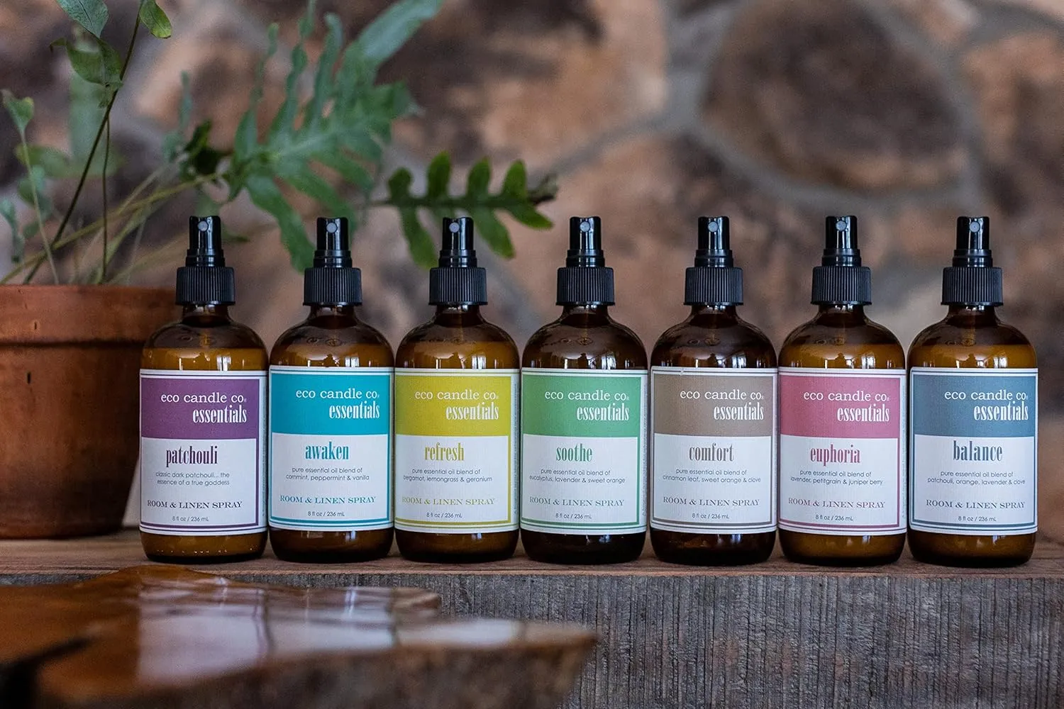 Eco Candle Co. Essentials Room & Linen Spray, Refresh, 8 fl. oz. - Scents of Bergamot, Lemongrass, & Geranium - Recycled Amber Glass Bottle, No Propellents, Pure Essential Oil Blends, Pump