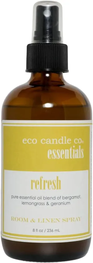 Eco Candle Co. Essentials Room & Linen Spray, Refresh, 8 fl. oz. - Scents of Bergamot, Lemongrass, & Geranium - Recycled Amber Glass Bottle, No Propellents, Pure Essential Oil Blends, Pump