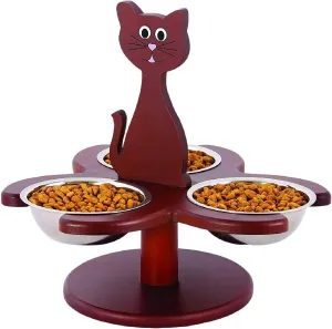Etna Pet Store Elevated Cat Bowls - Wooden, Raised Pet Feeder Promotes Better Digestion, Easy on Joints - Multiple Feeder with 3 Removable Bowls for Food and Water - Brown