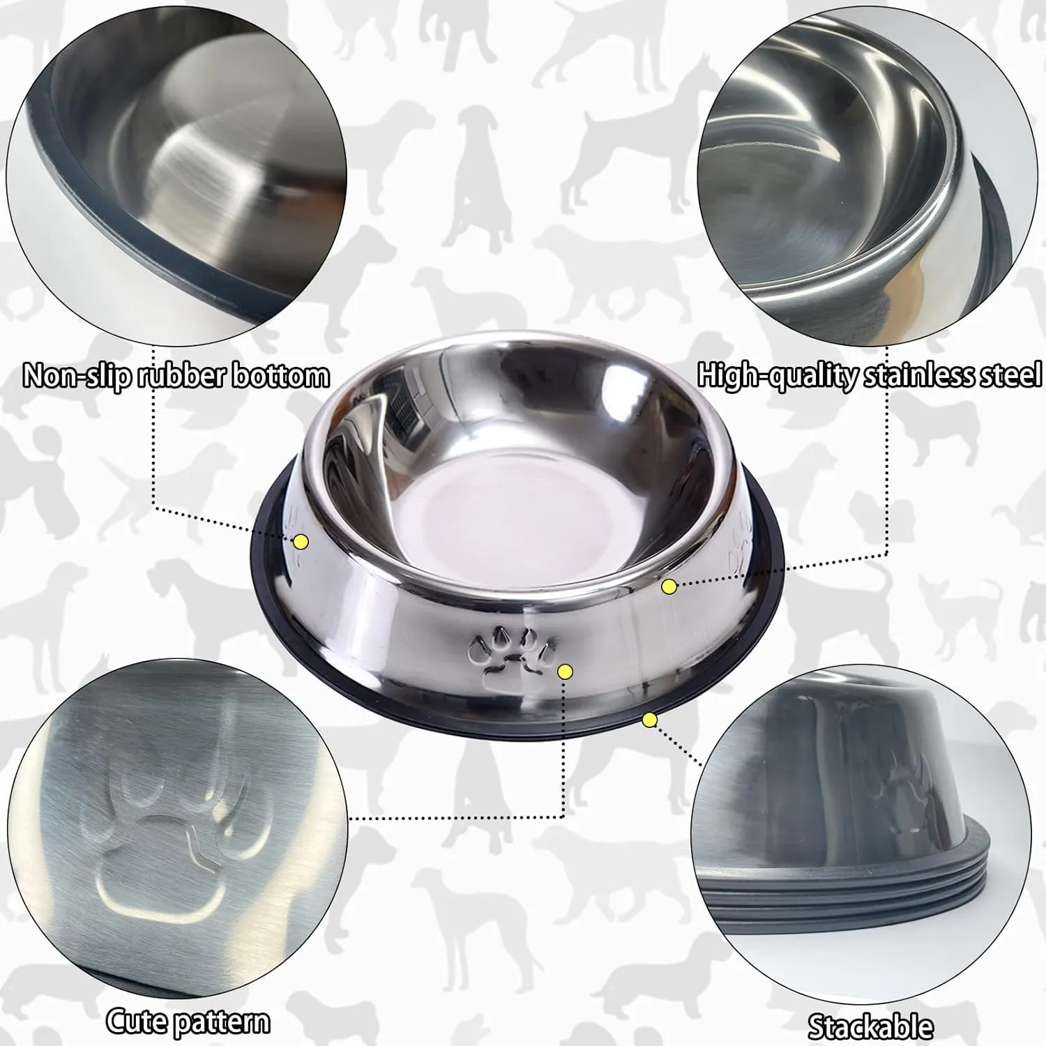 Fhiny 4Pcs Stainless Steel Dog Cat Bowl with Rubber Base Pet Food and Water Feeder Bowls Stackable Non-Slip Dish Plate for Small Medium Animals Puppy Kitten Rabbit