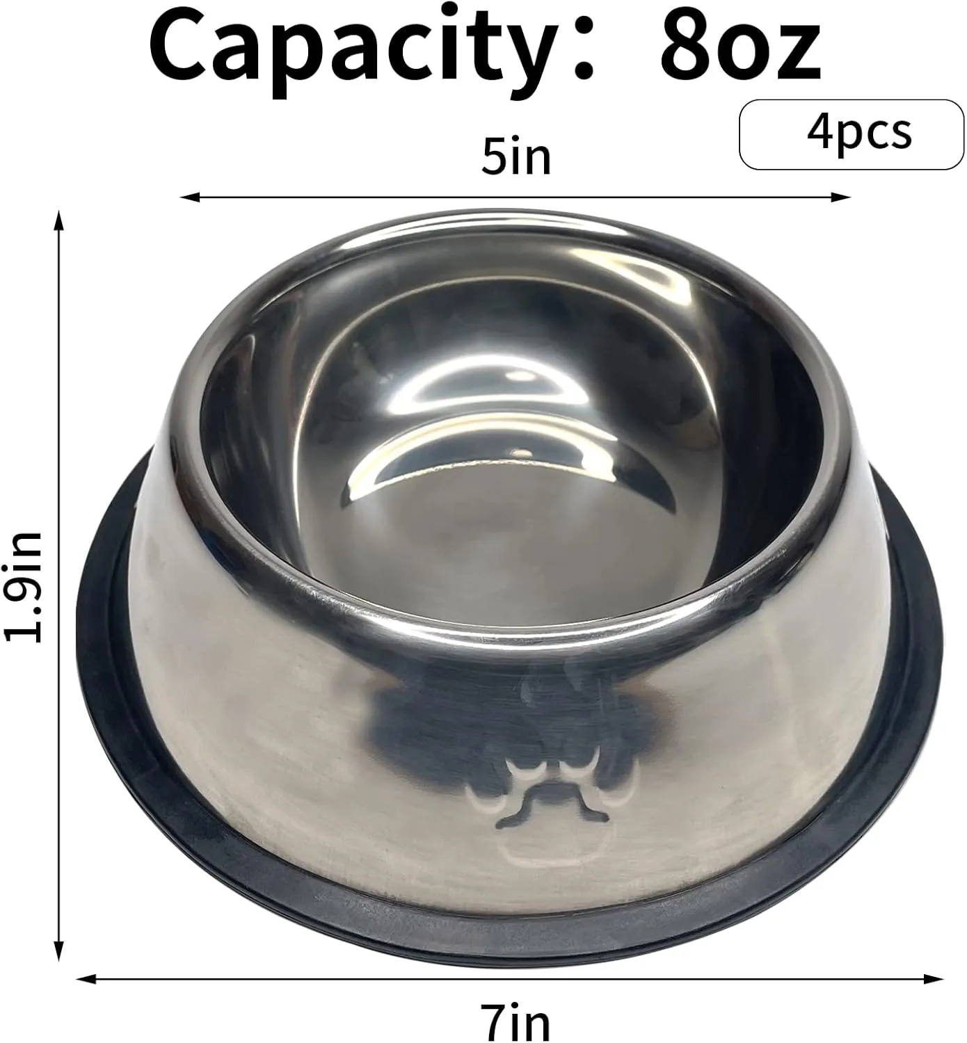 Fhiny 4Pcs Stainless Steel Dog Cat Bowl with Rubber Base Pet Food and Water Feeder Bowls Stackable Non-Slip Dish Plate for Small Medium Animals Puppy Kitten Rabbit