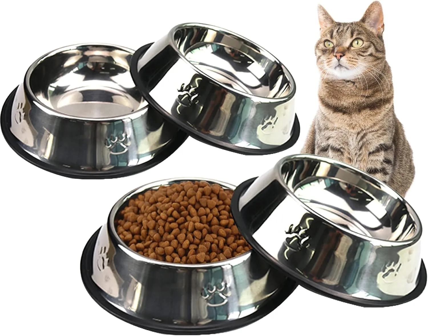 Fhiny 4Pcs Stainless Steel Dog Cat Bowl with Rubber Base Pet Food and Water Feeder Bowls Stackable Non-Slip Dish Plate for Small Medium Animals Puppy Kitten Rabbit