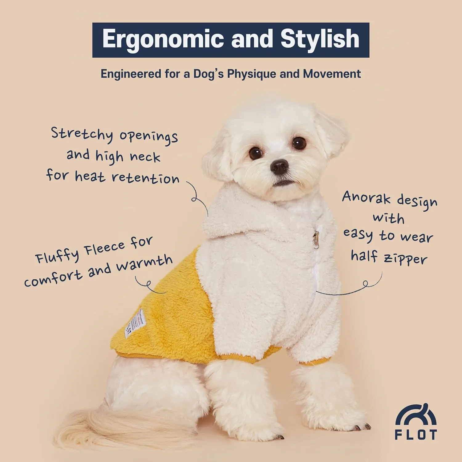 FLOT Designer Dog Fluffy Fleece Anorak Hoodie Zipper Sweater Jacket Coat Premium Materials Tailored Fit Designed and Made in Korea (Yellow) Large