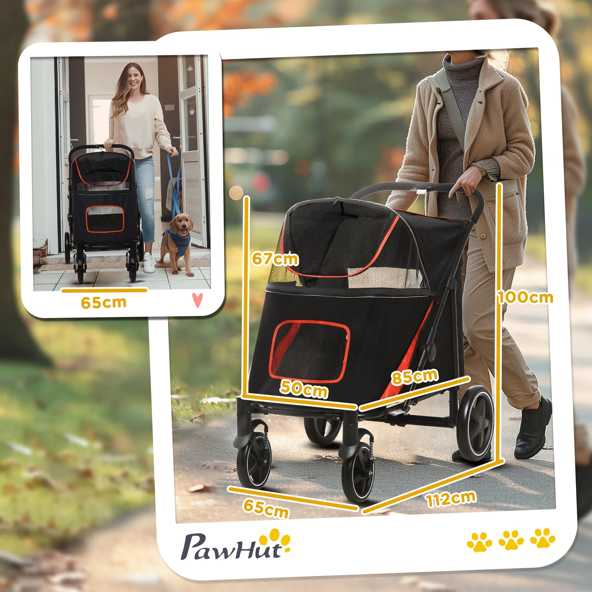 Foldable Dog Stroller with Zipper Entrances and Mesh Windows, 112x65x100 cm, Red and Black