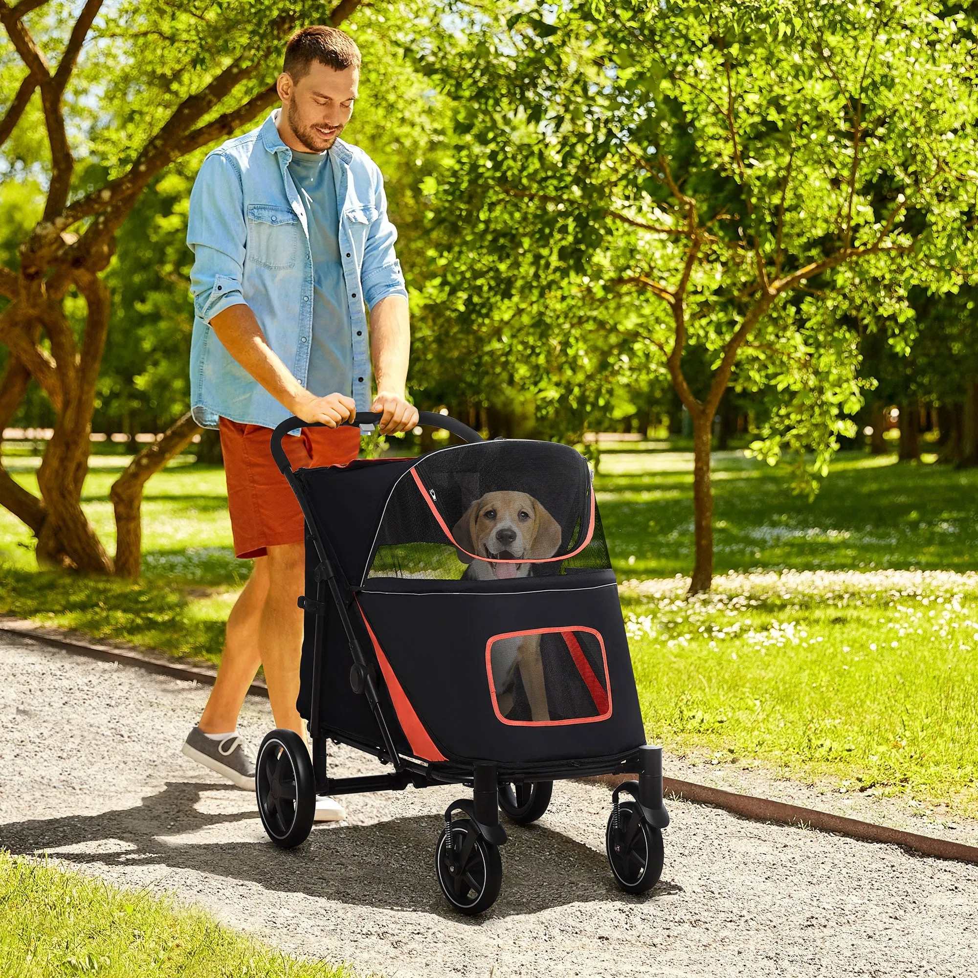 Foldable Dog Stroller with Zipper Entrances and Mesh Windows, 112x65x100 cm, Red and Black