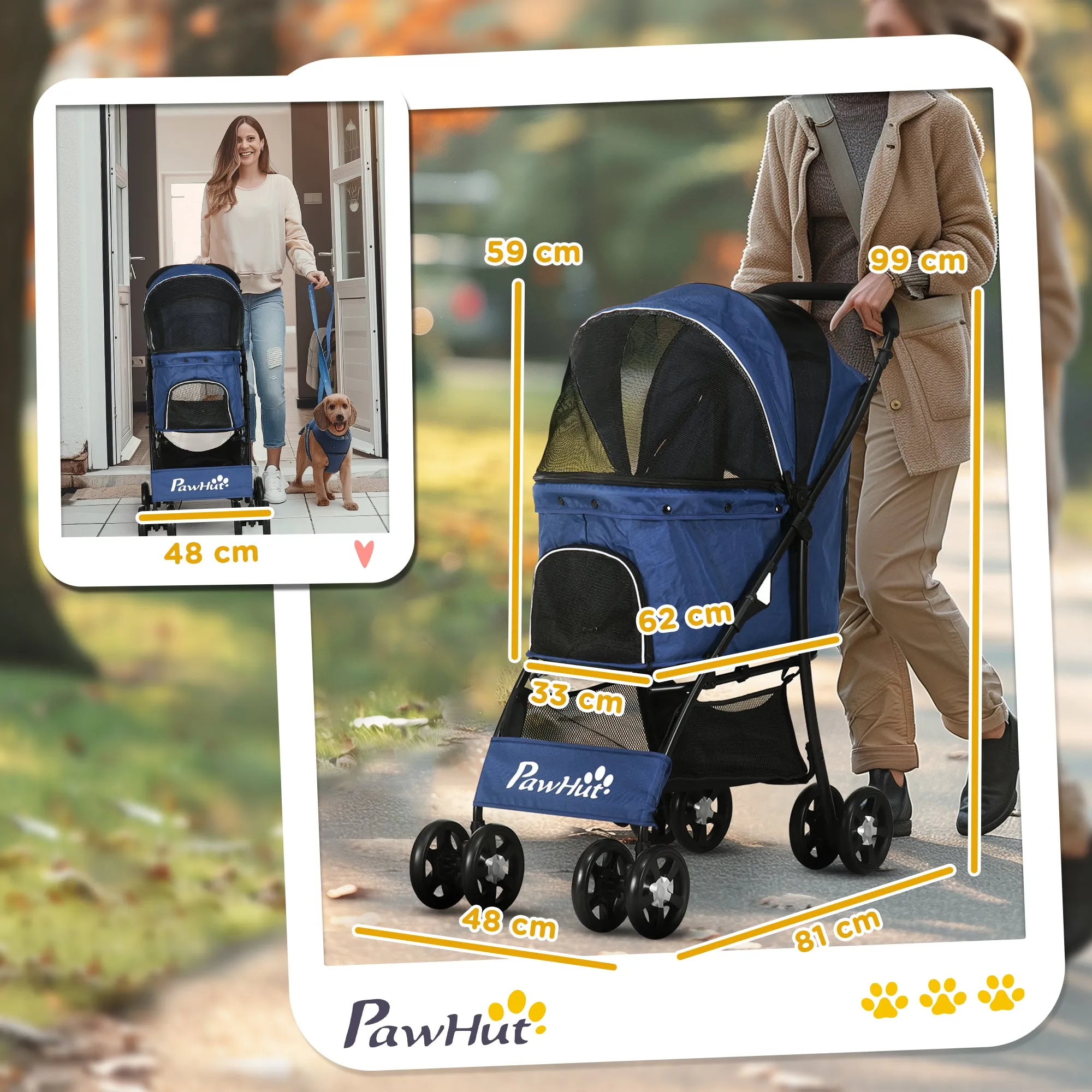 Foldable Pet Stroller for Dogs, Puppy Stroller, with Large Carriage, Brakes, Canopy - Blue