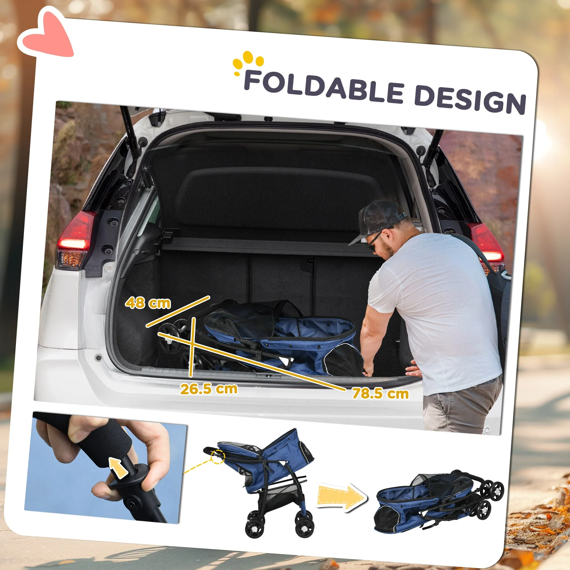 Foldable Pet Stroller for Dogs, Puppy Stroller, with Large Carriage, Brakes, Canopy - Blue
