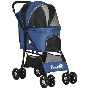 Foldable Pet Stroller for Dogs, Puppy Stroller, with Large Carriage, Brakes, Canopy - Blue