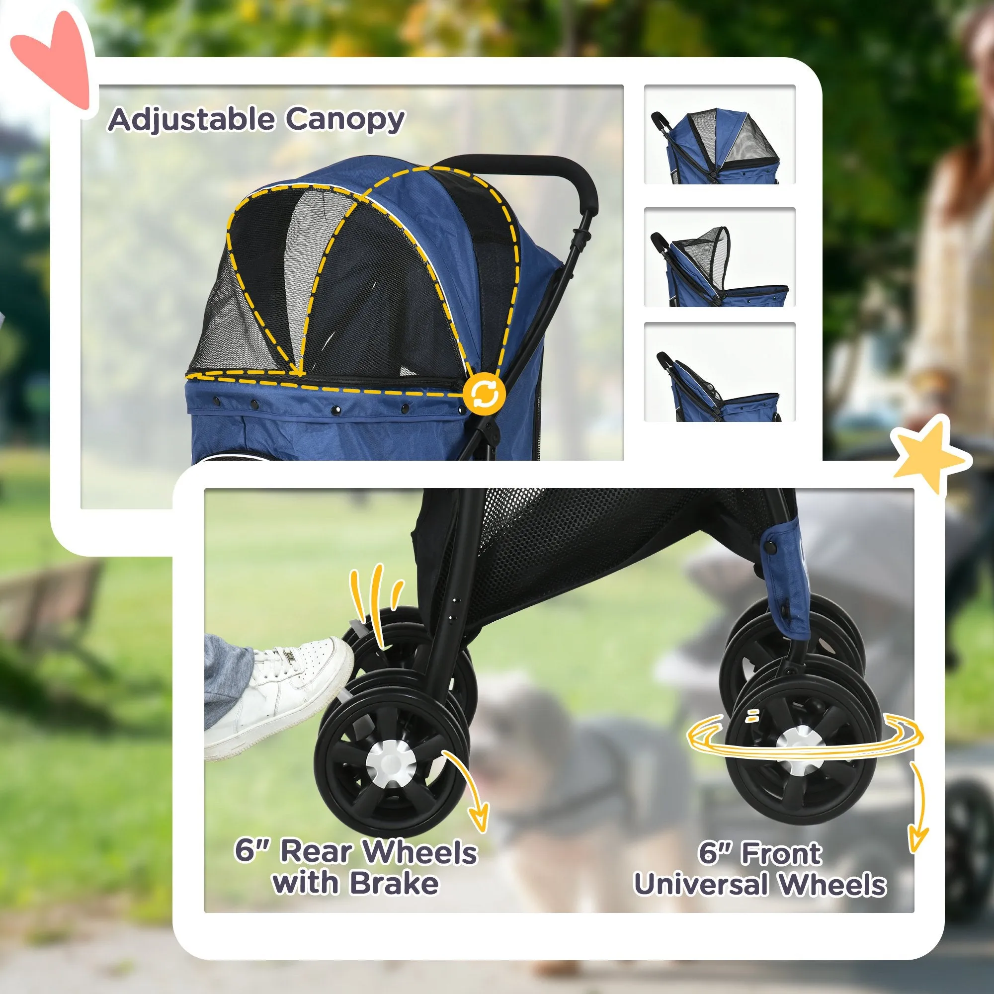 Foldable Pet Stroller for Dogs, Puppy Stroller, with Large Carriage, Brakes, Canopy - Blue