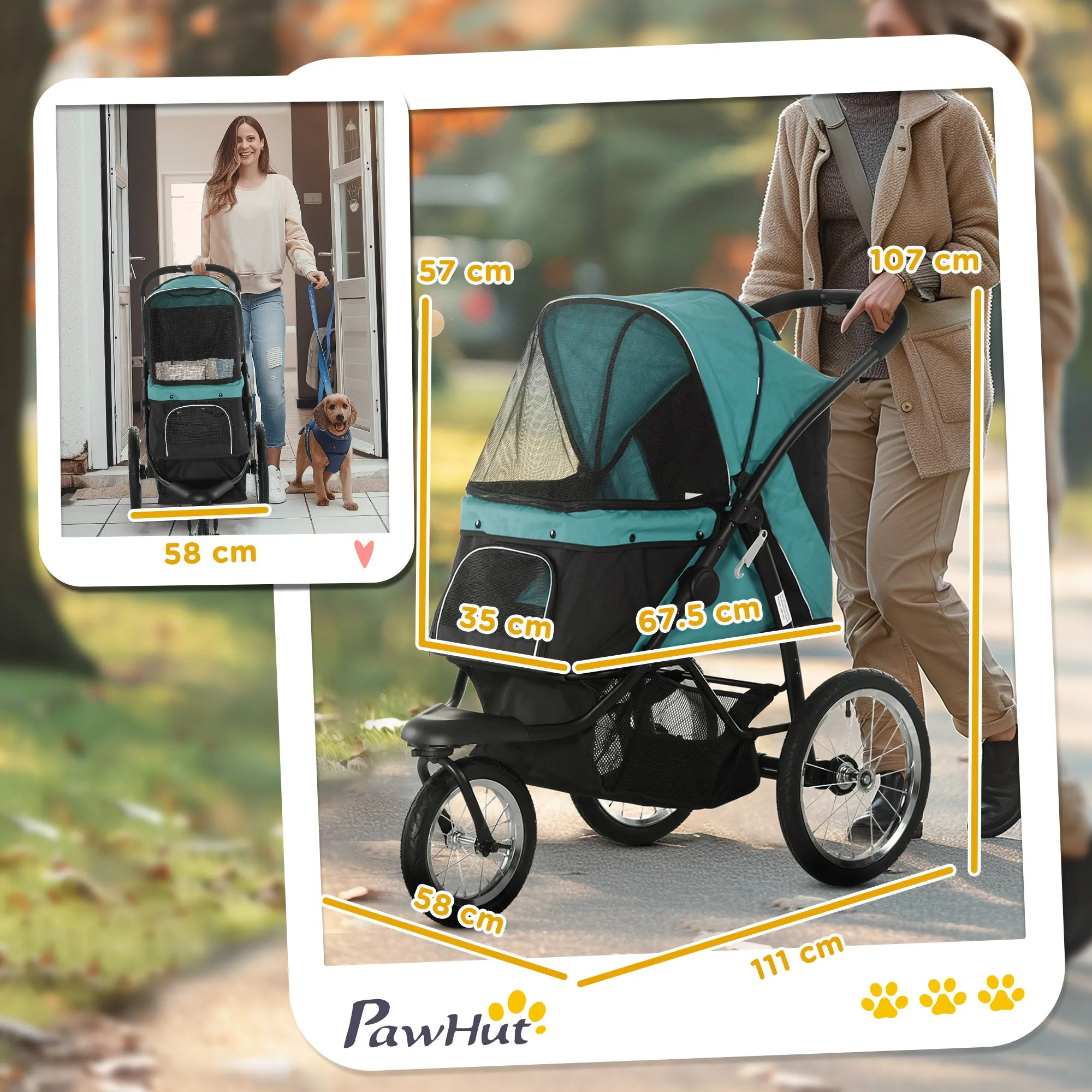 Foldable Pet Stroller Jogger, with Three Wheels, Canopy, for Medium and Small Dogs, Green