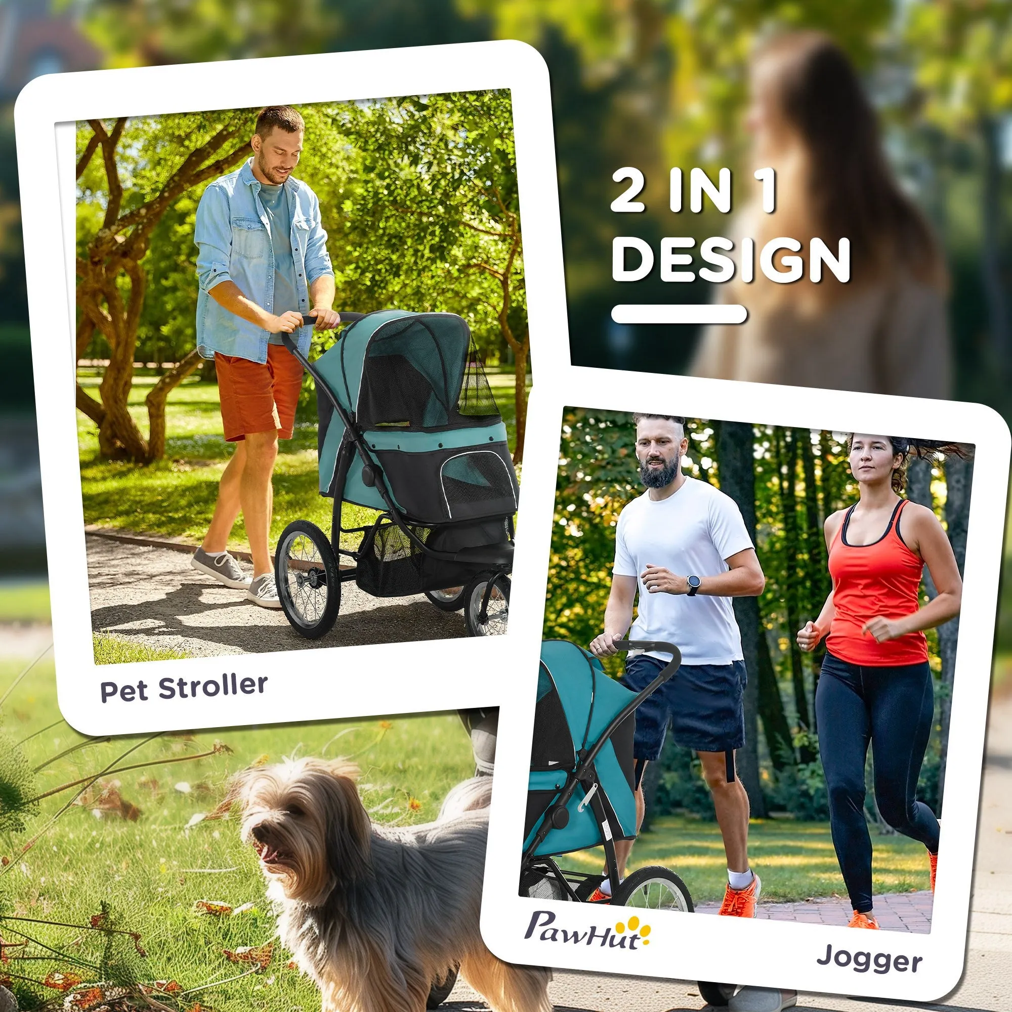 Foldable Pet Stroller Jogger, with Three Wheels, Canopy, for Medium and Small Dogs, Green