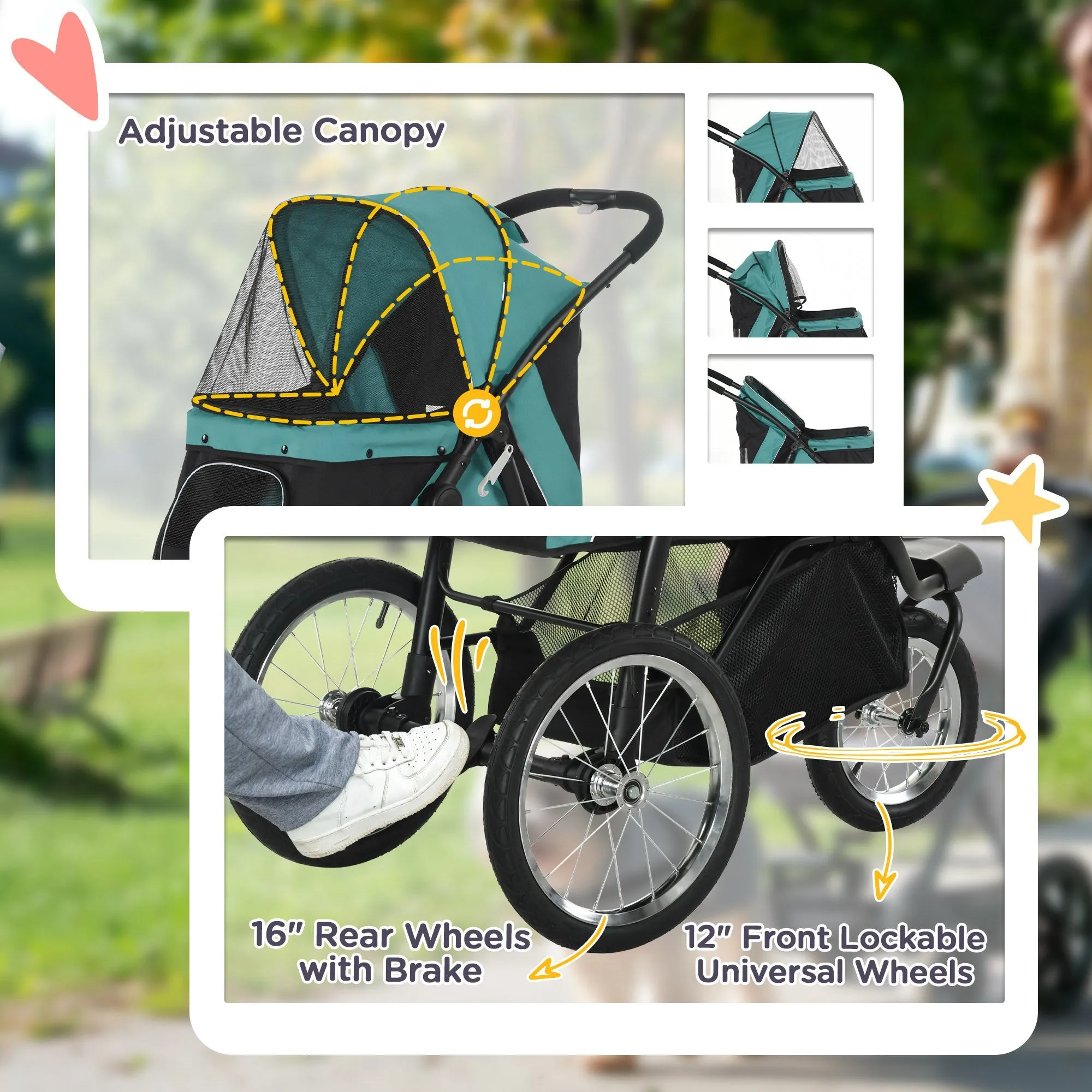 Foldable Pet Stroller Jogger, with Three Wheels, Canopy, for Medium and Small Dogs, Green