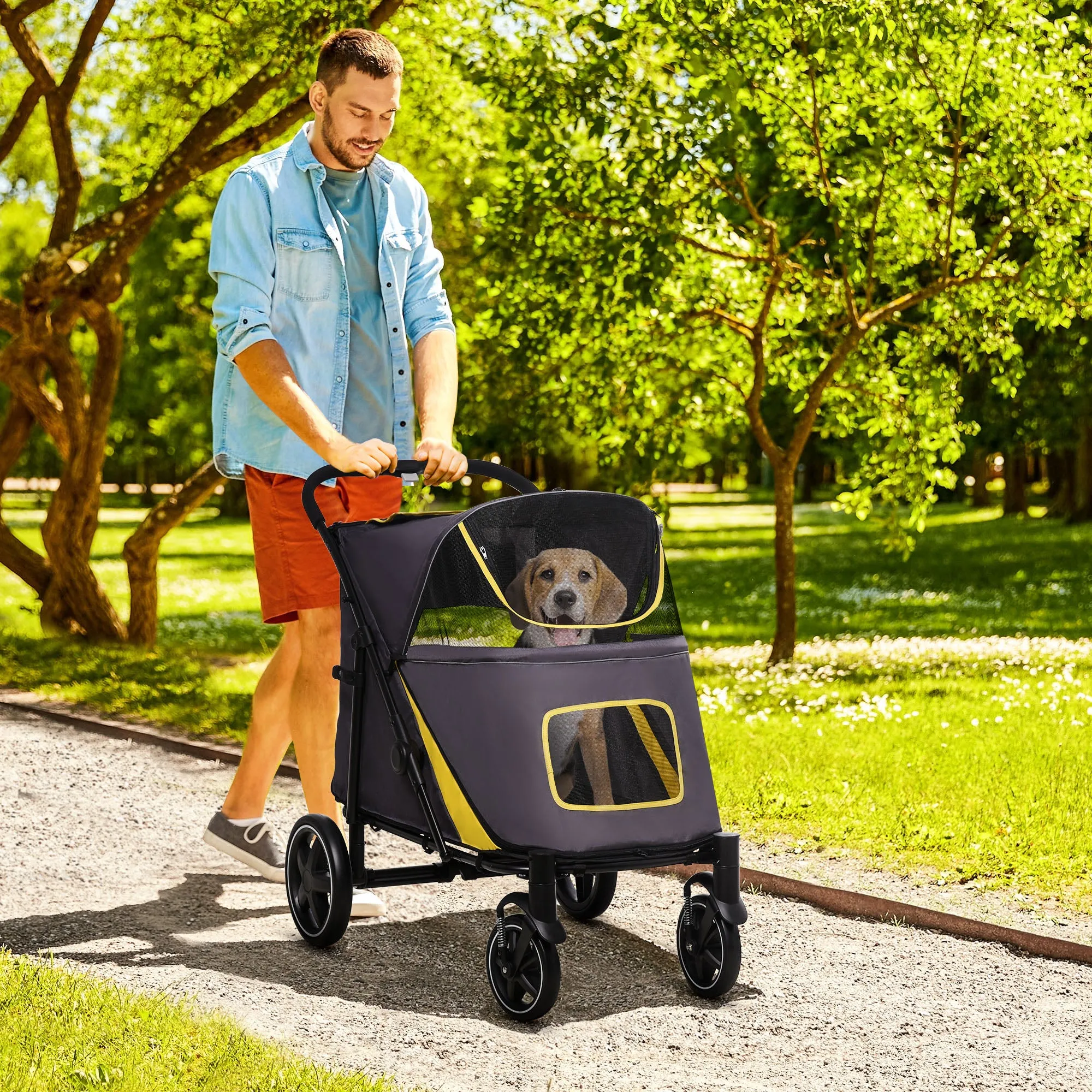 Foldable Pet Stroller, with Universal Wheels, Shock Absorber, for Medium and Large Dogs - Grey