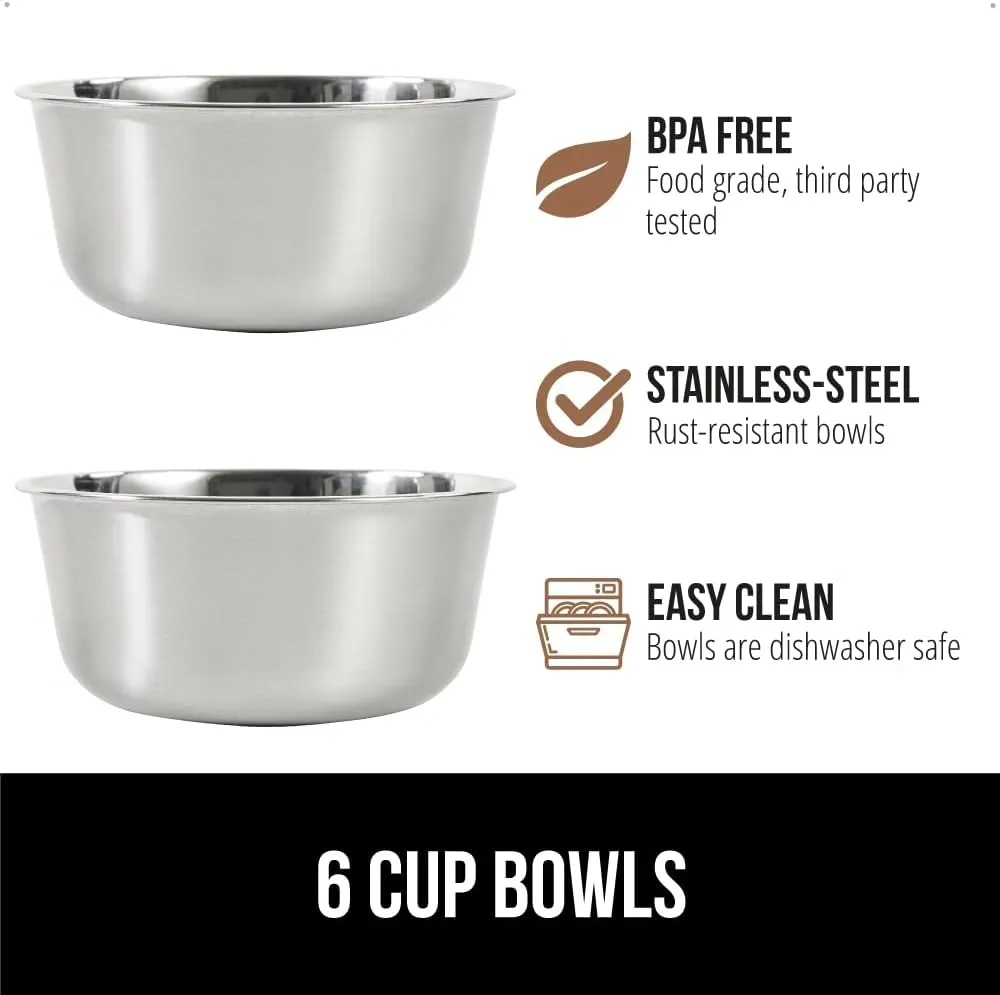 GORILLA GRIP Elevated Dog Bowls Stand, 6 Cup Stainless Steel Food Bowl Set of 2, 5 Height Adjustable Raised Feeding Station for Small Breed Puppy Dogs and Cats, Medium, Large Sized Pets Feeder, Gray