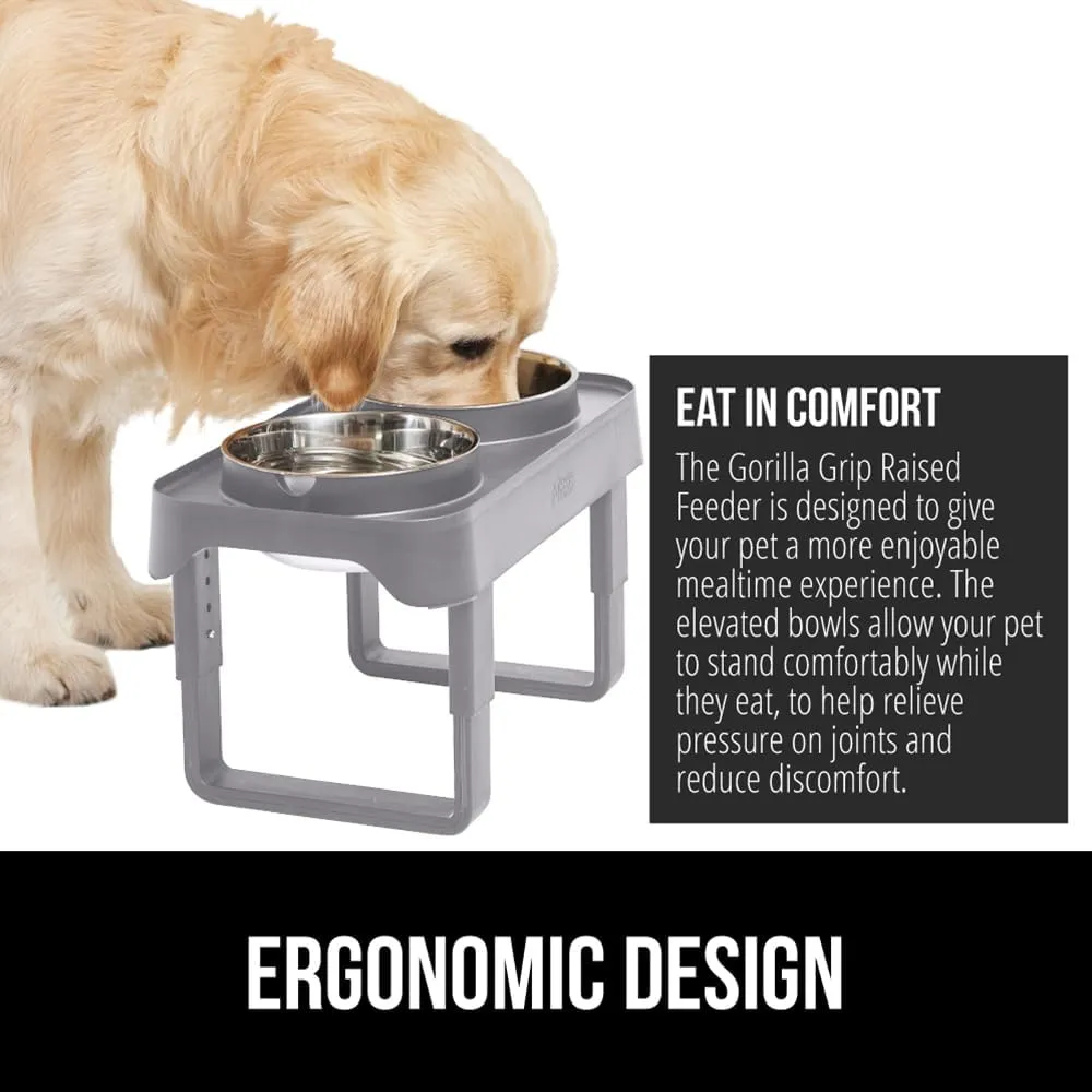 GORILLA GRIP Elevated Dog Bowls Stand, 6 Cup Stainless Steel Food Bowl Set of 2, 5 Height Adjustable Raised Feeding Station for Small Breed Puppy Dogs and Cats, Medium, Large Sized Pets Feeder, Gray