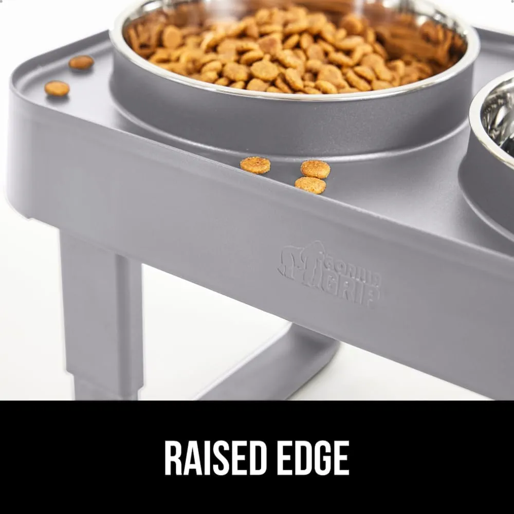 GORILLA GRIP Elevated Dog Bowls Stand, 6 Cup Stainless Steel Food Bowl Set of 2, 5 Height Adjustable Raised Feeding Station for Small Breed Puppy Dogs and Cats, Medium, Large Sized Pets Feeder, Gray