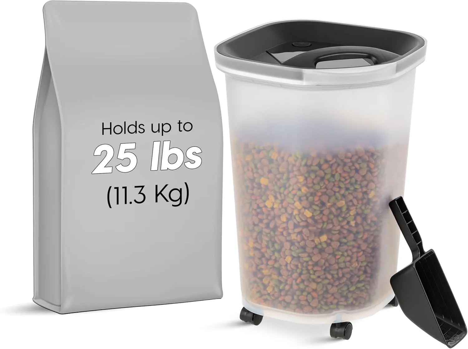 IRIS USA Pet Food Storage Container 25 lbs, Premium 60% Improved Airtight Seal with Air Valve, 2 Cup Scoop, Removable Wheels, Easy to Open - Made in the USA, Black