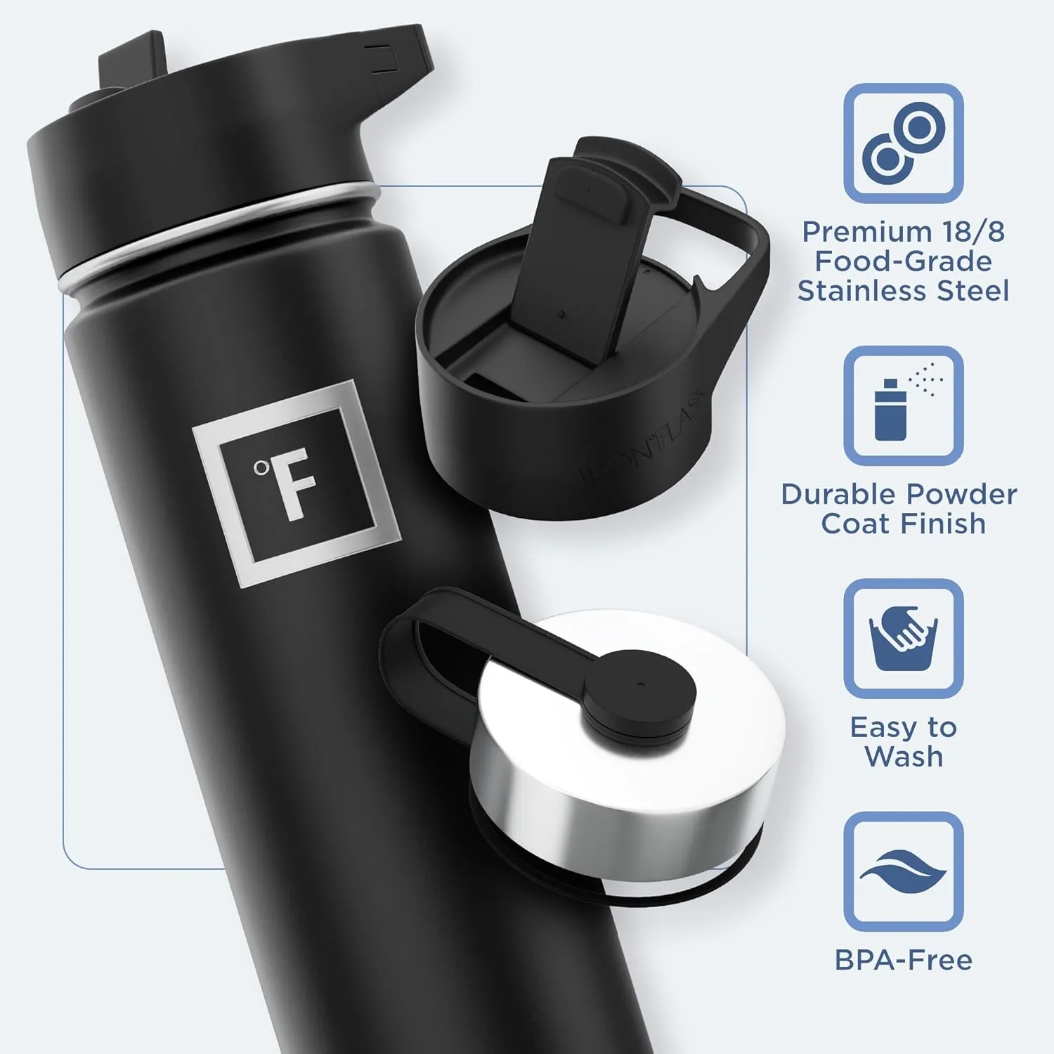 IRON FLASK Camping & Hiking Hydration Flask with 3 Lids - Stainless Steel, Double Walled & Vacuum Insulated Water Bottle - Leak Proof & BPA Free (Black Speckle, Straw - 22 oz)