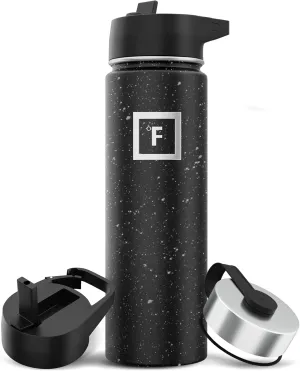 IRON FLASK Camping & Hiking Hydration Flask with 3 Lids - Stainless Steel, Double Walled & Vacuum Insulated Water Bottle - Leak Proof & BPA Free (Black Speckle, Straw - 22 oz)