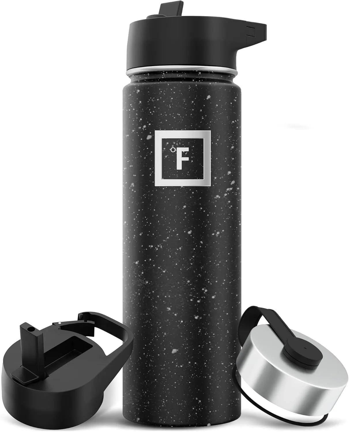 IRON FLASK Camping & Hiking Hydration Flask with 3 Lids - Stainless Steel, Double Walled & Vacuum Insulated Water Bottle - Leak Proof & BPA Free (Black Speckle, Straw - 22 oz)