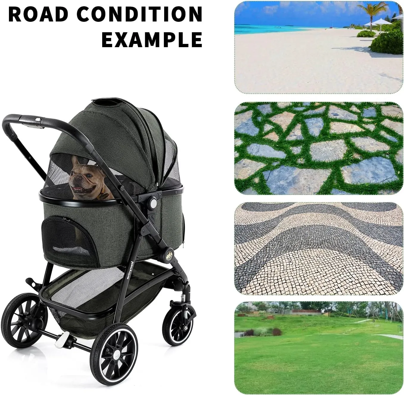 Kenyone Pet Stroller 3 in 1 Dog Cart for Medium Small Size Dogs, Large Cat Stroller with Detachable Carrier for Puppies, Doggies, Kitties, Bunnies (Olive)