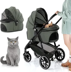 Kenyone Pet Stroller 3 in 1 Dog Cart for Medium Small Size Dogs, Large Cat Stroller with Detachable Carrier for Puppies, Doggies, Kitties, Bunnies (Olive)