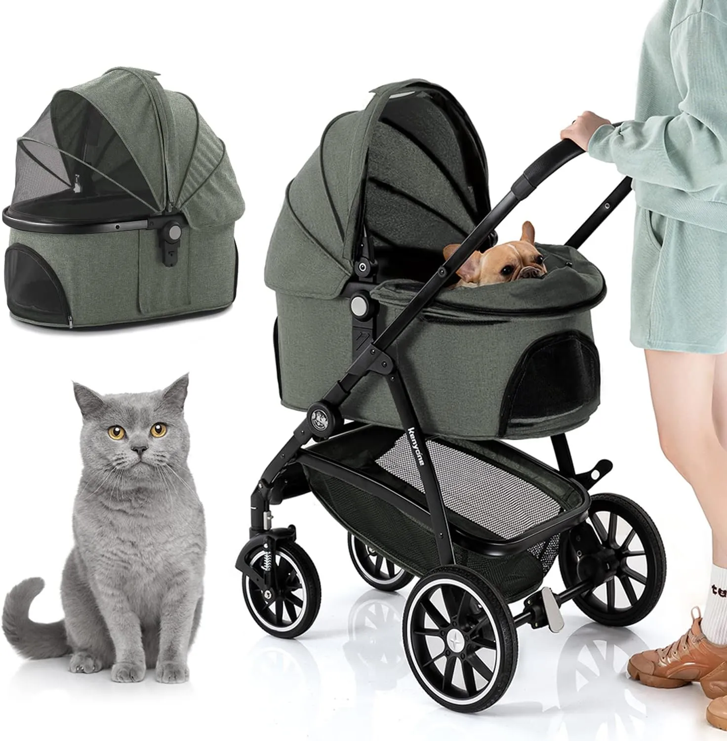 Kenyone Pet Stroller 3 in 1 Dog Cart for Medium Small Size Dogs, Large Cat Stroller with Detachable Carrier for Puppies, Doggies, Kitties, Bunnies (Olive)