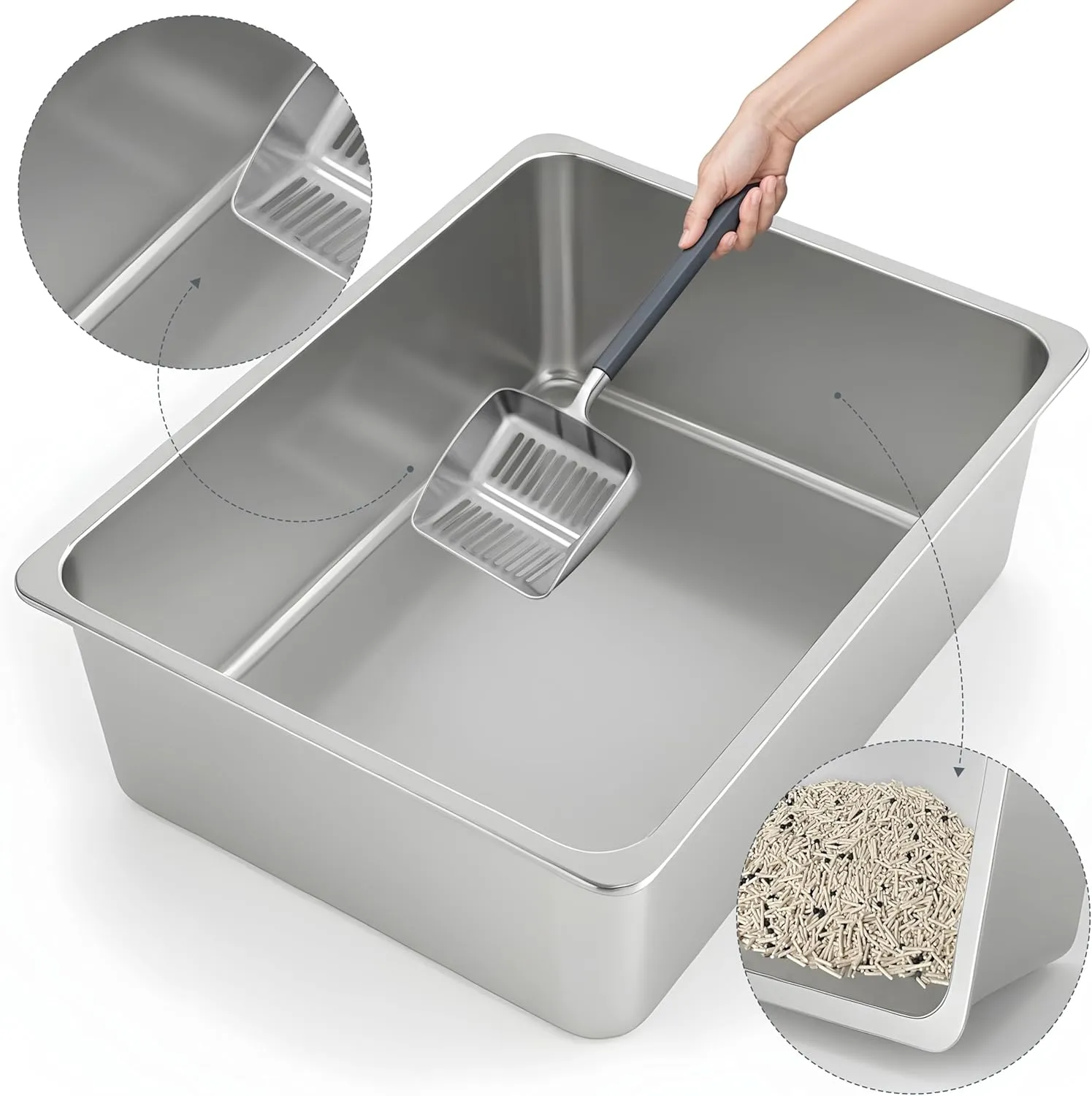 Kirecoo Stainless Steel Cat Litter Box XL- Metal High Sided Cat Pan, Large Stainless Steel Box, Indoor Litter Tray, Non Stick, No Smell, Easy to Clean, Pet Toilet Supplies for Kitten, Kitty, Rabbit