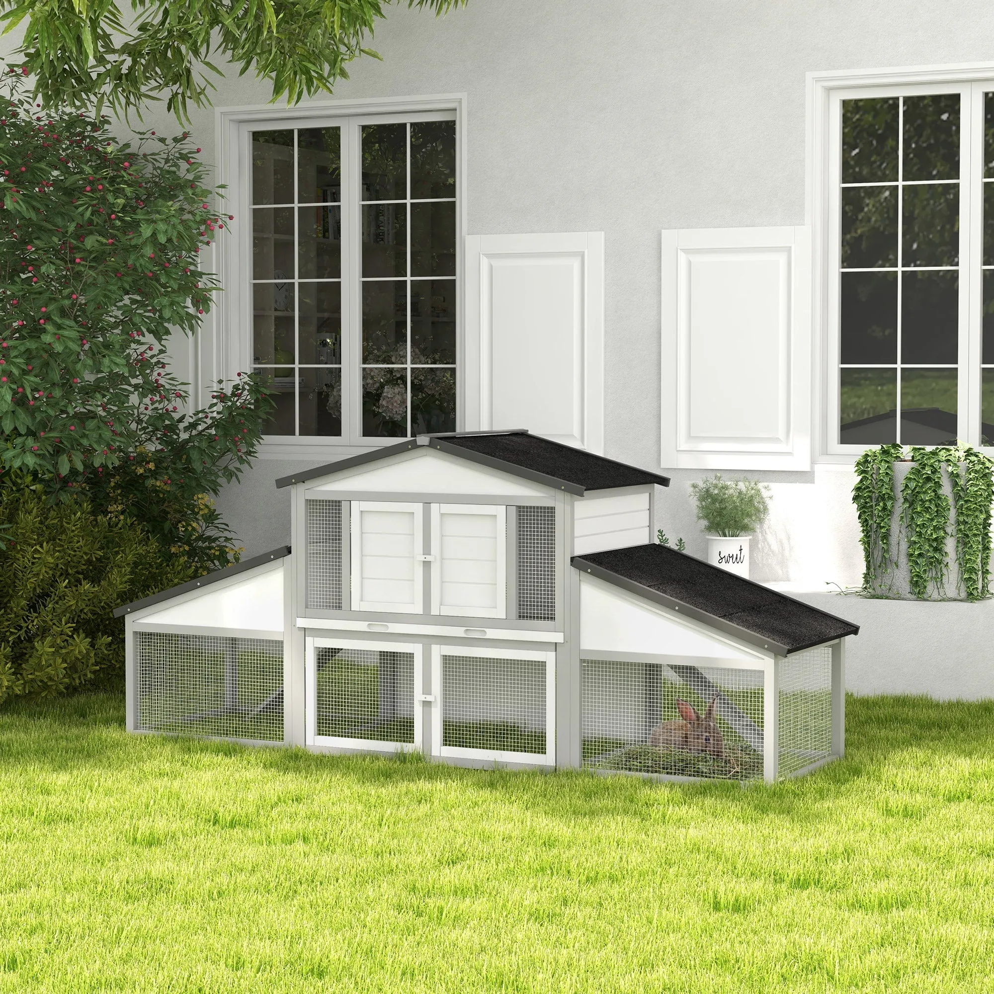 Large Rabbit Hutch with Run Outdoor Bunny Cage with Tray Ramp - Light Grey