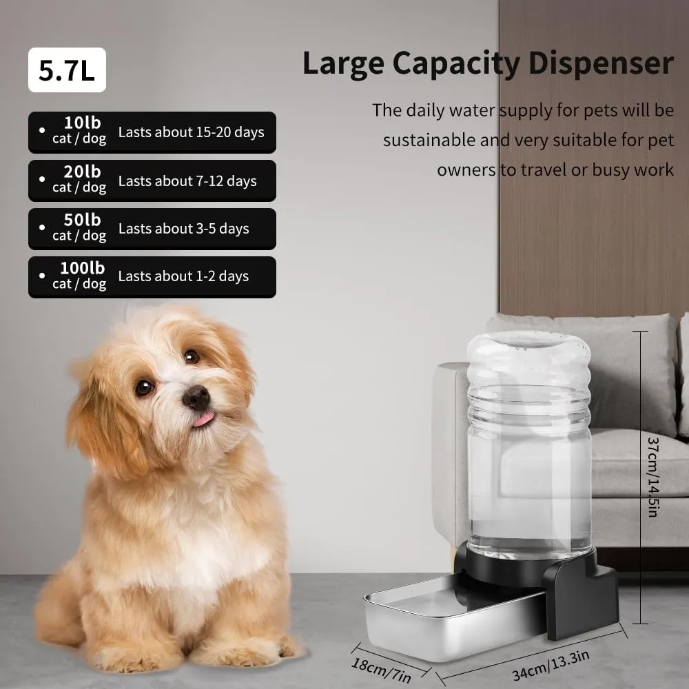 Marchul 1.5 Gallon Cat Water Dispenser, Automatic Gravity Dog Water Feeder, Stainless Steel Large Capacity Cat Waterer for Cats and Small Dogs (3 Filters)
