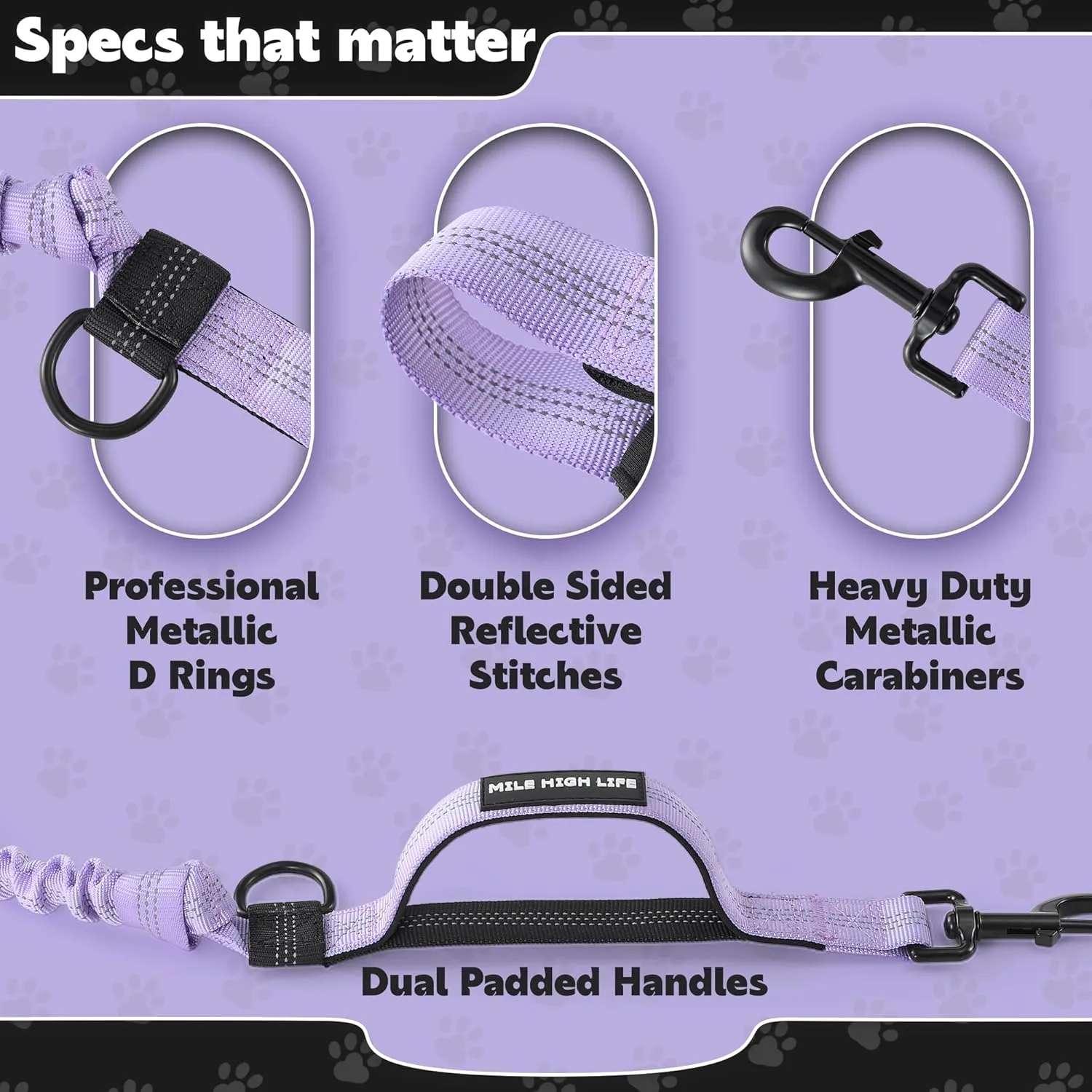Mile High Life Hands Free Waist Leash for Dog Running Training and Jogging, Adjustable Belt with Double Handle, Reflective Bungee for Medium Large Dogs (Light Purple, 7FT)