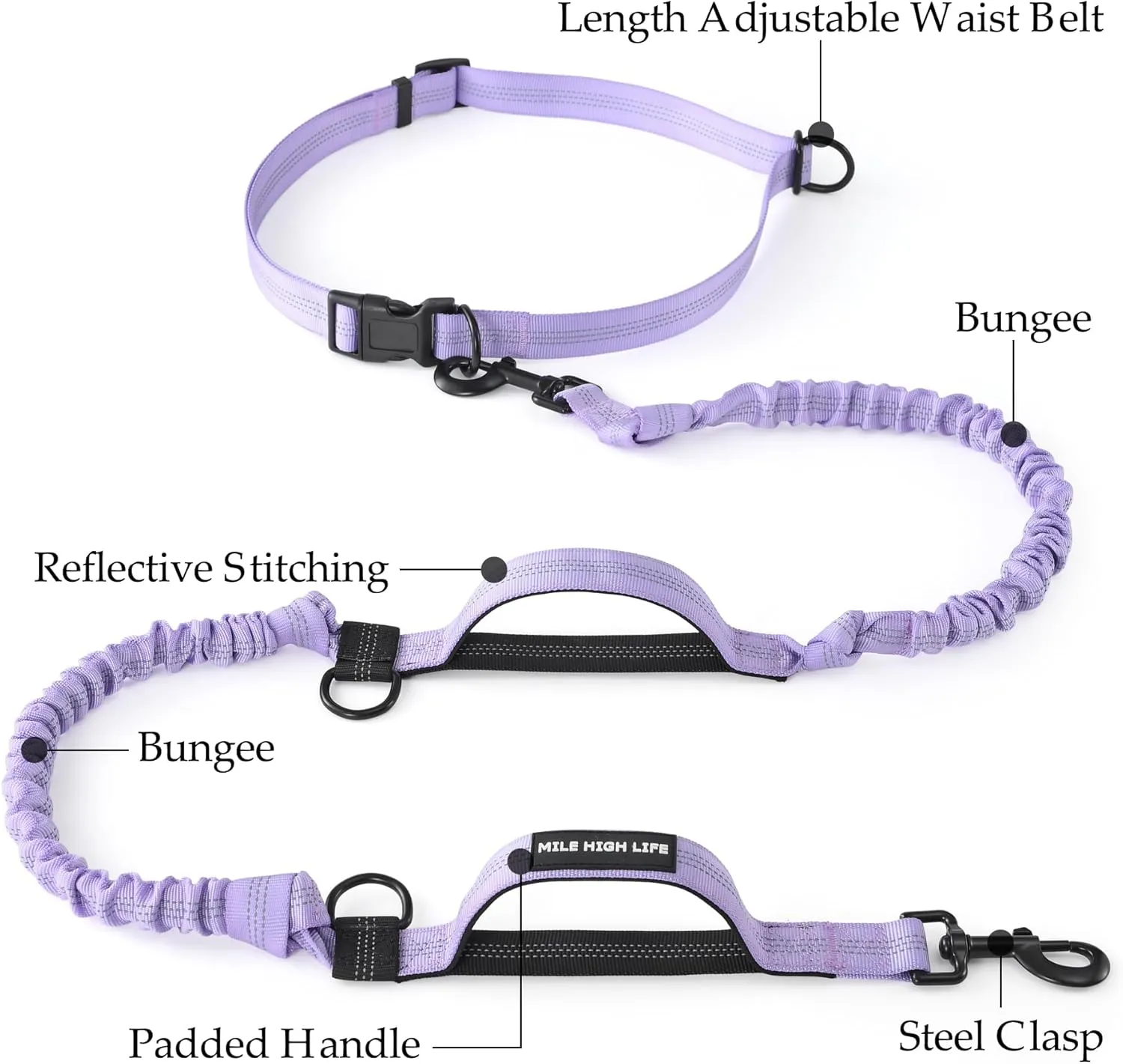 Mile High Life Hands Free Waist Leash for Dog Running Training and Jogging, Adjustable Belt with Double Handle, Reflective Bungee for Medium Large Dogs (Light Purple, 7FT)